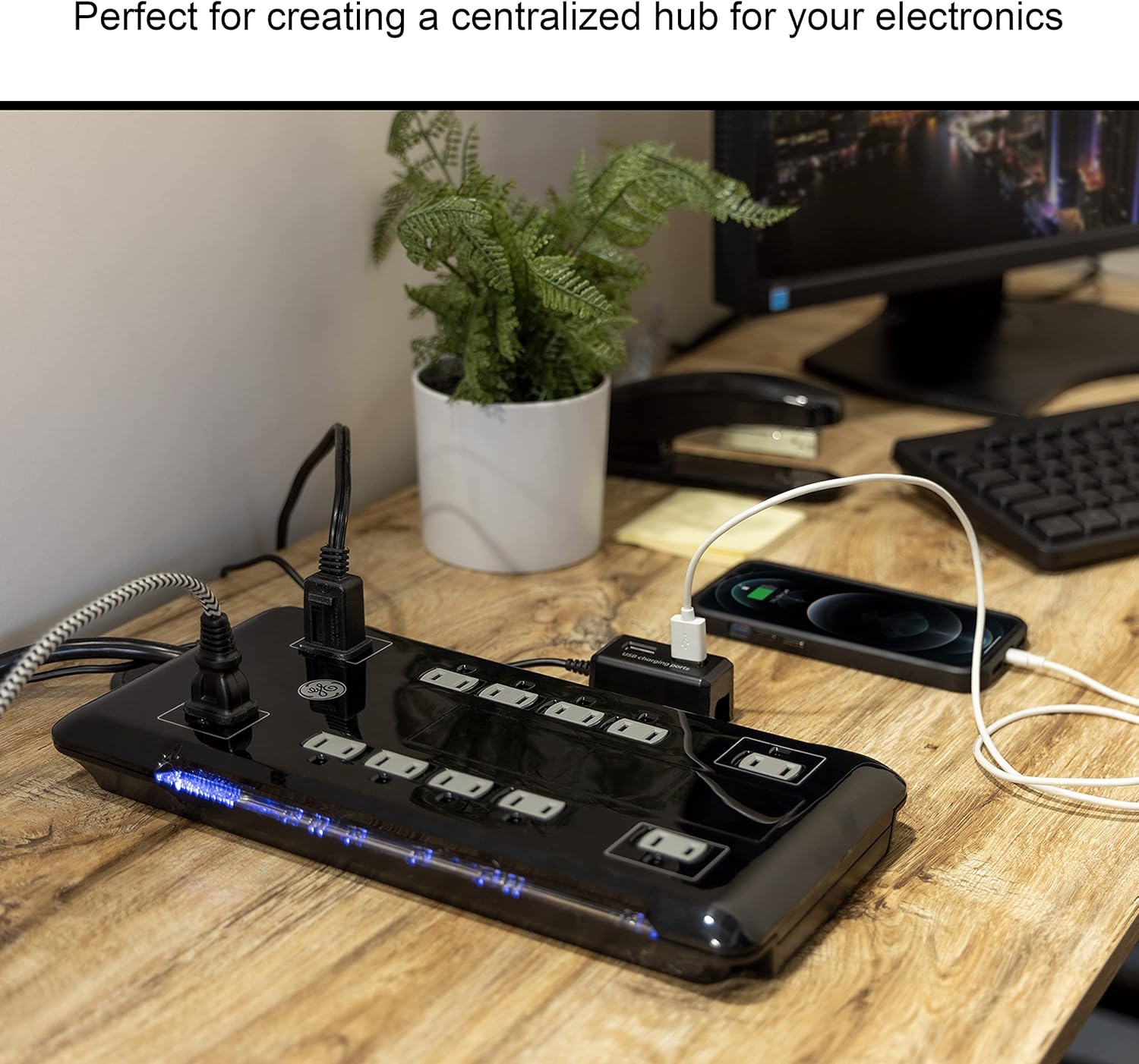 GE UltraPro 12 Outlet Surge Protector, Tethered 2 USB Ports, 8 Ft Power Cord, 4320 Joules, Flat Plug, Power Filter, Circuit Breaker, Warranty, UL Listed, Black, 11824 : Electronics