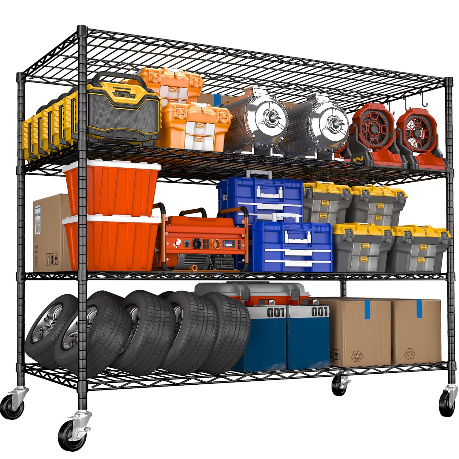 140cm x 60cm x 193cm Storage Shelves Heavy Duty with Wheels 4 Tier Black