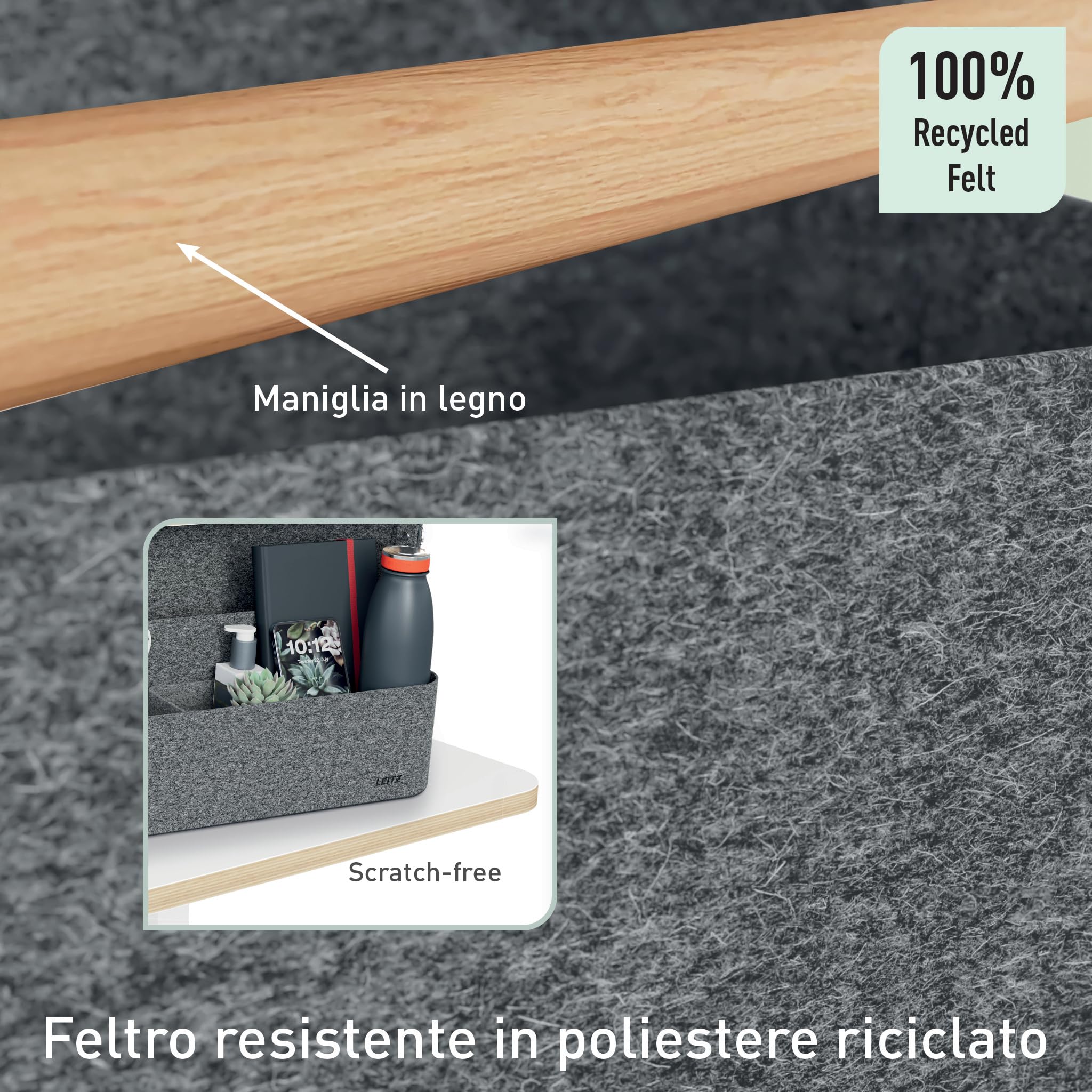 Leitz Organizer da Scrivania Portatile con Manico - Organizer per Hot Desk con Funzione Appendibile, Manico in Legno, Vassoio Interno Rimovibile e Porta Oggetti Elastici - 38 x 19 x 30-33cm