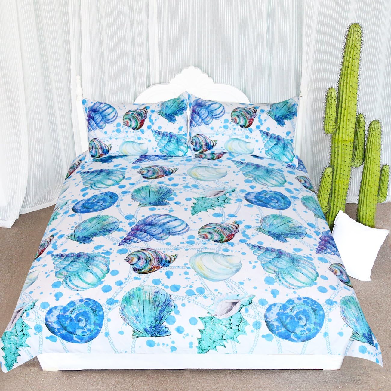 ARIGHTEX Indigo Ocean Seashells Bed Cover Set Aqua Spiral Turquoise Conch Shell