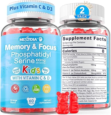 Phosphatidylserine Supplement 100mg, Focus Gummies for Kids Teens  Vitamin C & D3 400IU, Sugar Free Kids Brain Gummies Increase Attention & Concentration, Chewable, Vegan, Gluten Free, Non-GMO 2 Pack