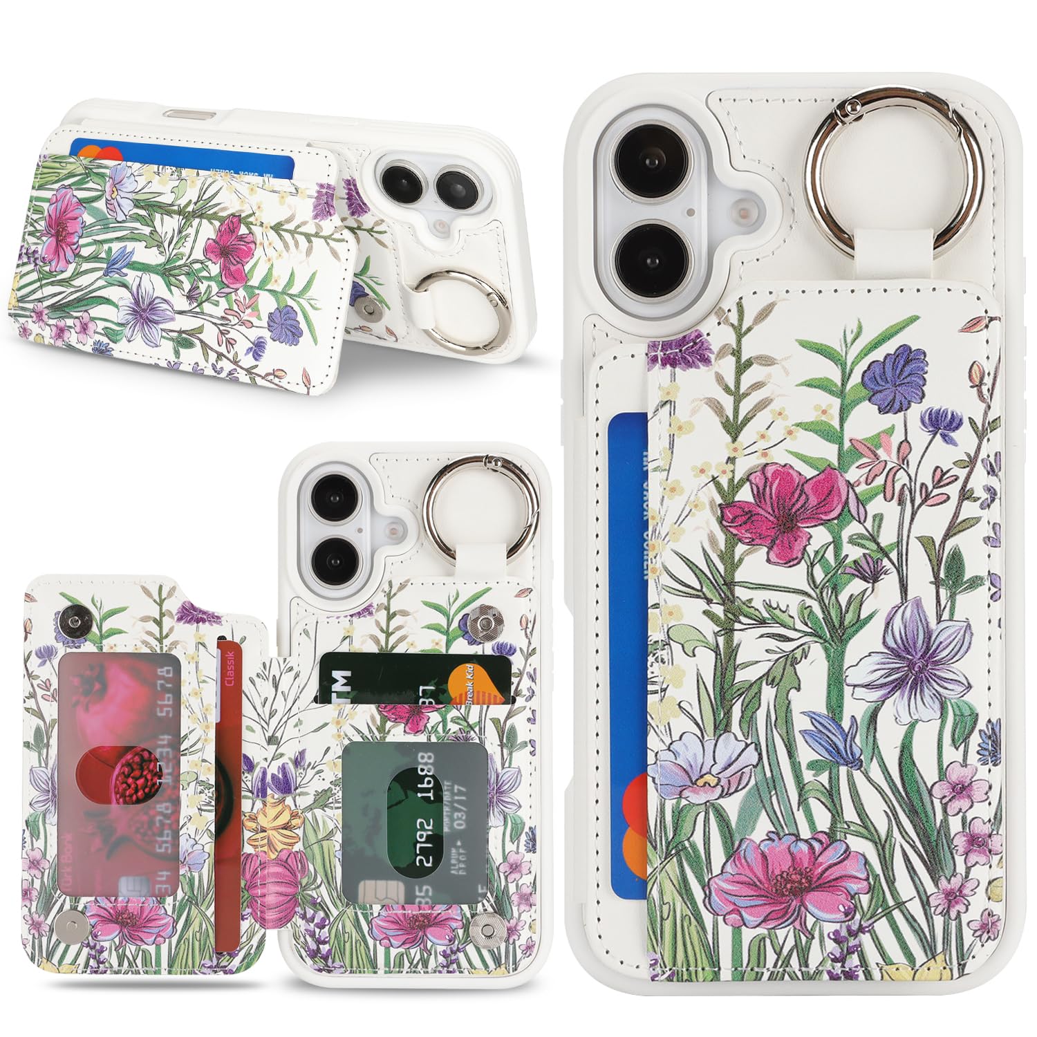 Ｈａｖａｙａ for iPhone 16 Case Wallet with Card Holder Keychain Ring Stand PU Leather Phone case Floral Flower with Credit Card Slots Women Men-White