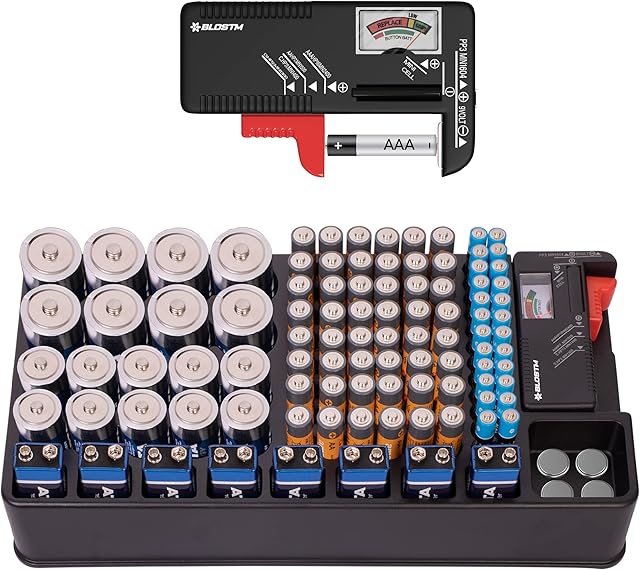 BLOSTM Battery Organiser Storage Box - Large Capacity Battery Holder with 110 Battery Slots - Plastic Battery Box Fits AAA, AA, 9V, C, D & Button Cell Batteries - Includes Universal Battery Tester