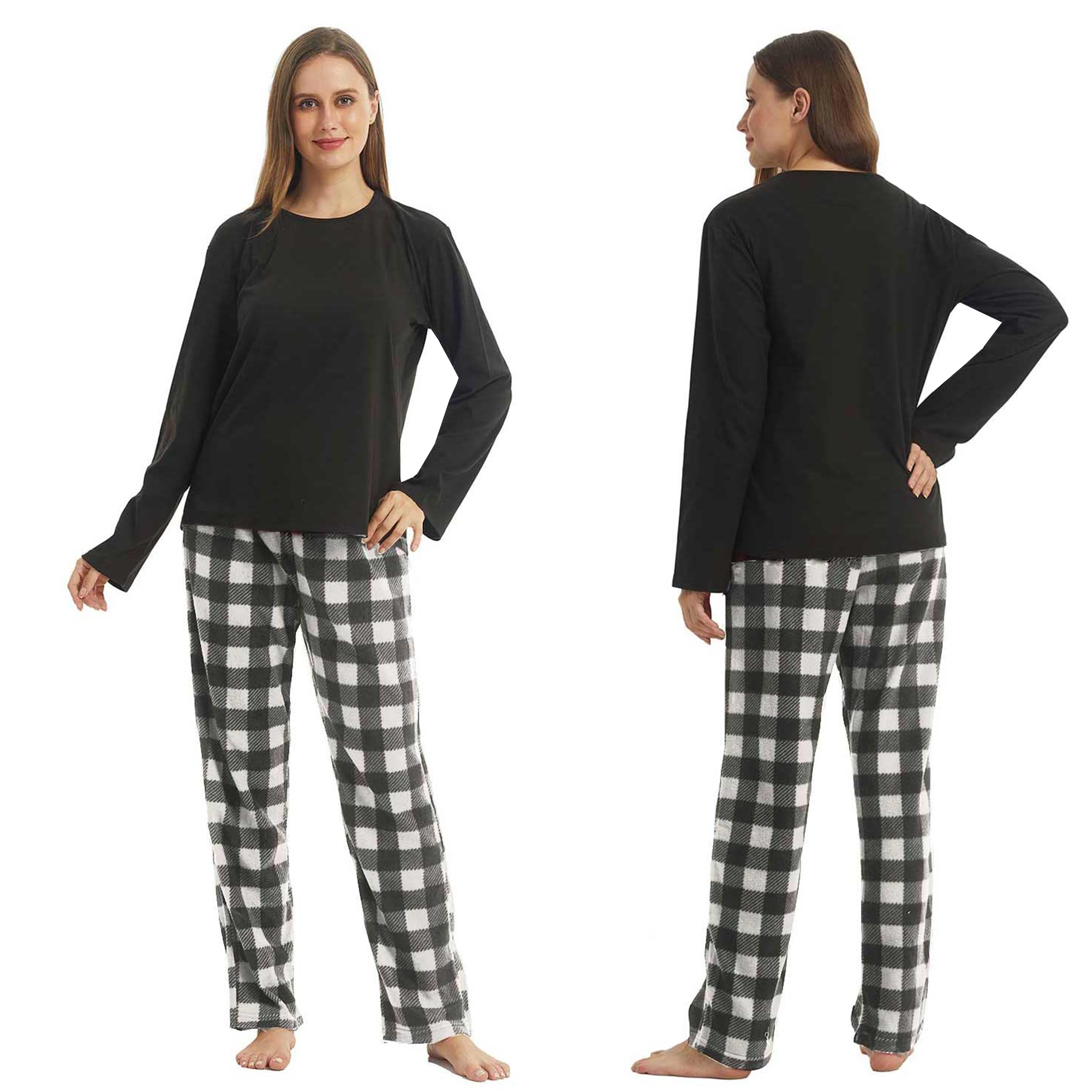 YUSHOW Schlafanzug Damen Lang Zweiteiliger Winter Pyjama Lange Oberteile Microfleece Karierte Pyjamahose Hausanzug Kuschelig Frauen Weihnachts Lounge Set