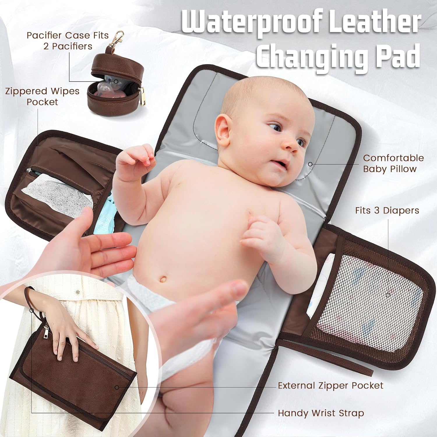 Premium Vegan Leather Diaper Bag Backpack with Waterproof Changing Pad – Reinforced Stitching & Zippers, Baby Bag for Boy Girl, Stroller Straps, Fits 15.6" Laptop for Work Moms, Dark Brown