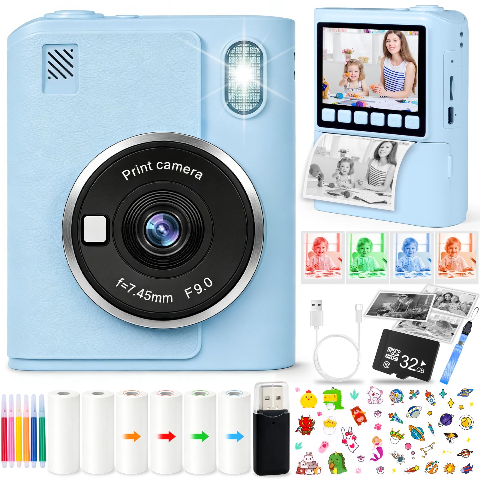 Camara Fotos Infantil Instantanea, 2,4 Pulgada | 48MP | 1080P Cámara Instantánea para Niños con Tarjeta de 32G y Papel fotográfico en Color, Regalo para Niños de 3 a 12 Años (Azul)