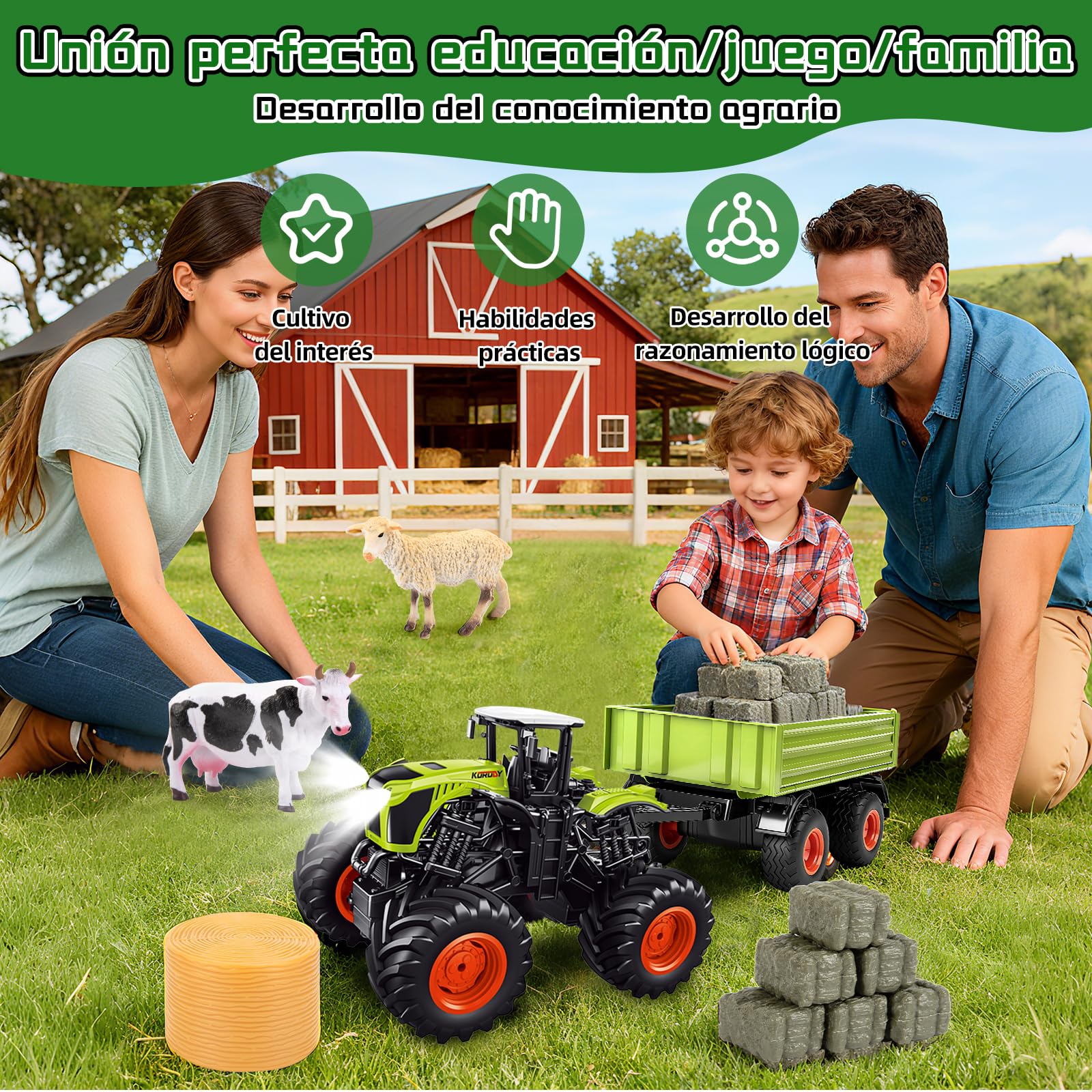 Ulikey Tractor Teledirigido para Niños, 1:16 2,4 GHz Tractor RC Juguete con Mando, Remolque, Vaca, Ovejas, Heno para Niños 4, 5, 6 Años