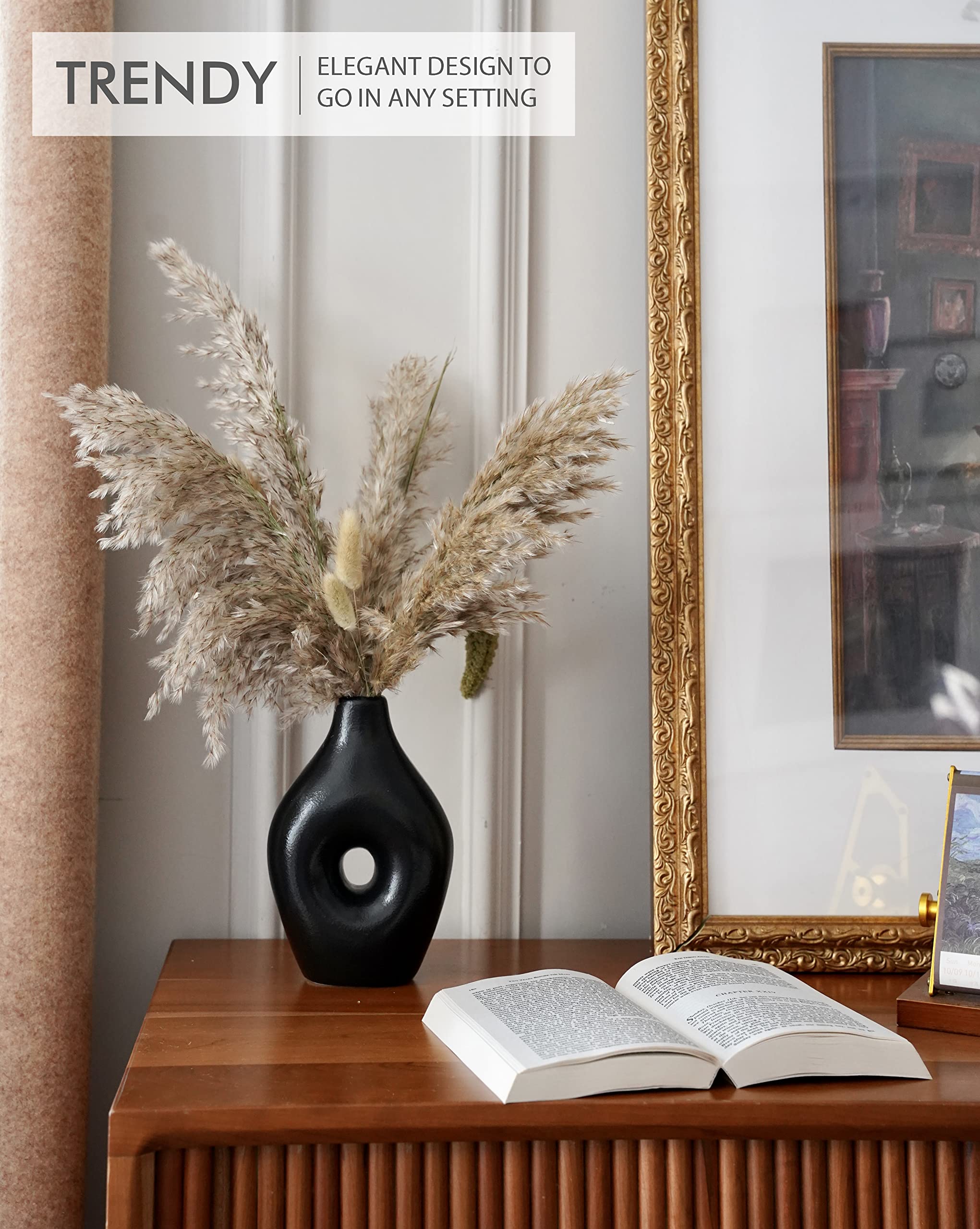 Black Ceramic Vase Set-4 Nordic Oval Donut Vases for Decor, Boho Circle Hollow Round Vase for Pampas Grass, Minimalist Modern Home Decor, Centerpieces, Mantel, Shelf, Entryway, Bookshelf, Table Decor