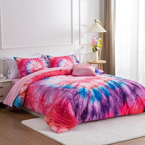 Miniatura 2 de A Nice Night Juego de ropa de cama de 6 piezas en una bolsa, juego de edredón para niños, galaxia teñido anudado, patrón de remolino psicodélico,