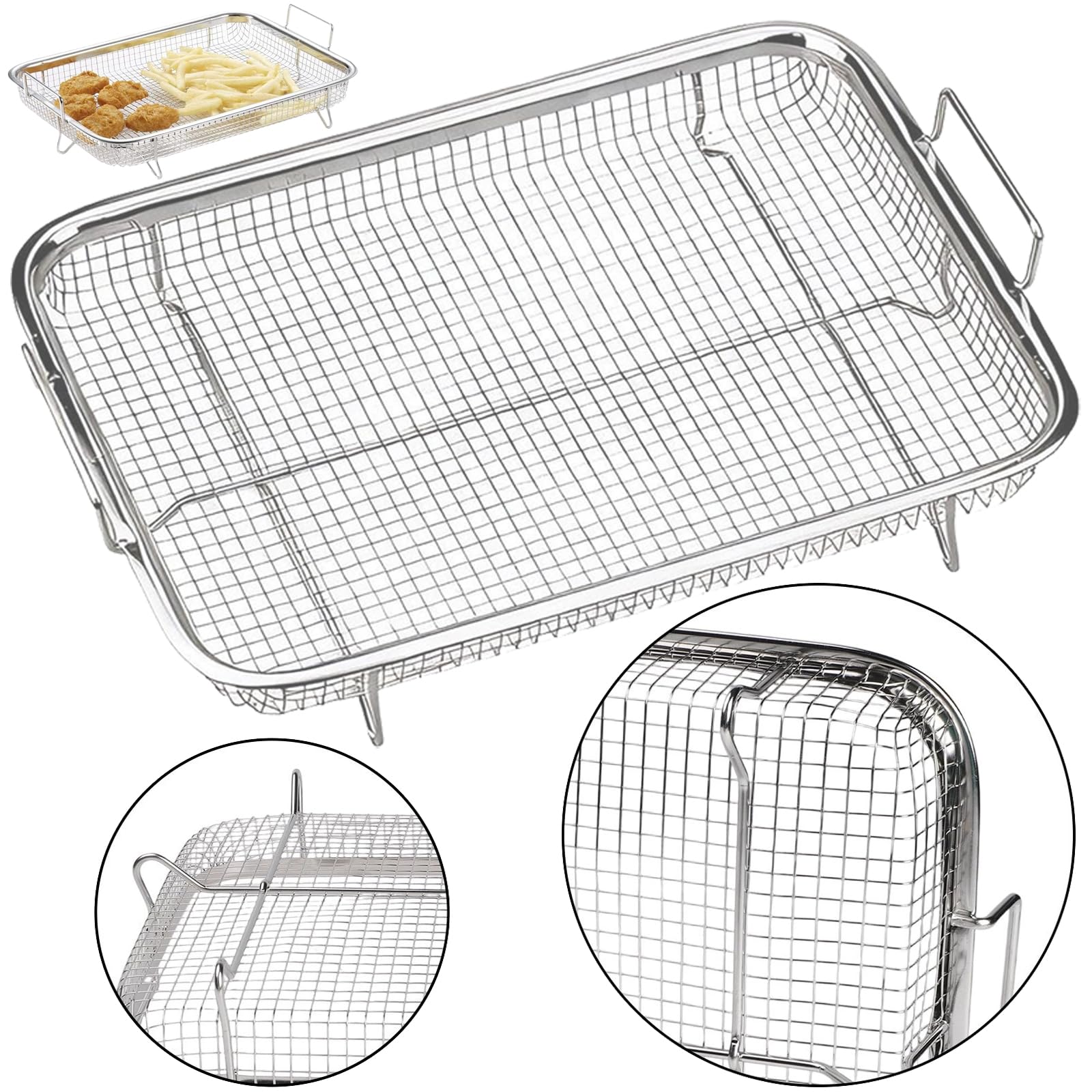Backofen Gitter, Edelstahl Grillkorb mit Griff, Metall Ofen Grill, Multifunktion Grillgitter BBQ, Pommes Gitter für fettarmes Heißluft-Garen, Backen,Grillen im Ofen oder Grill