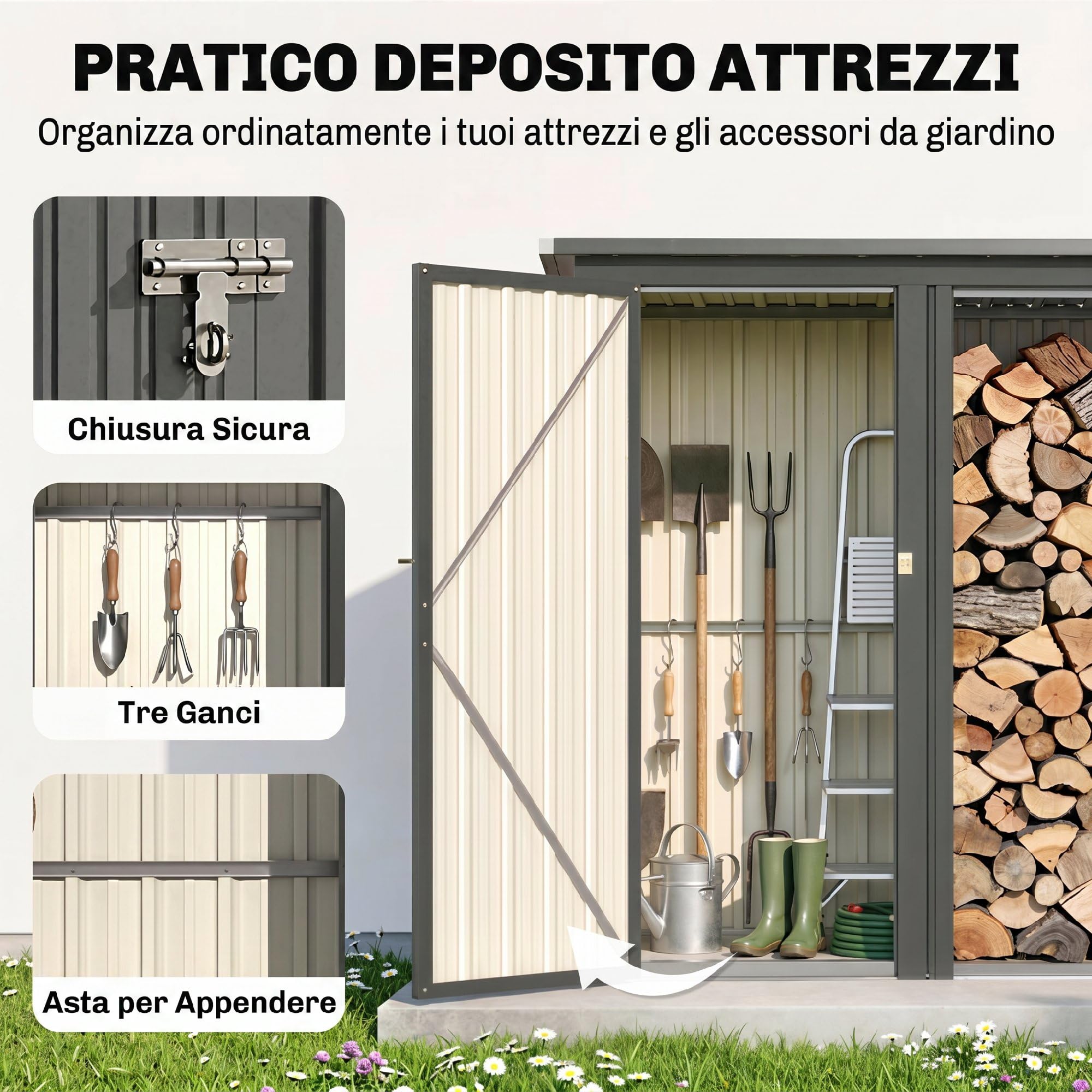 Outsunny Portalegna da Esterno 2 in 1 1.26 m² con Tetto inclinato Grigio | Armadietto Porta Attrezzi, Legnaia da Esterno in Acciaio Zincato, Capanno Casetta Porta Legna