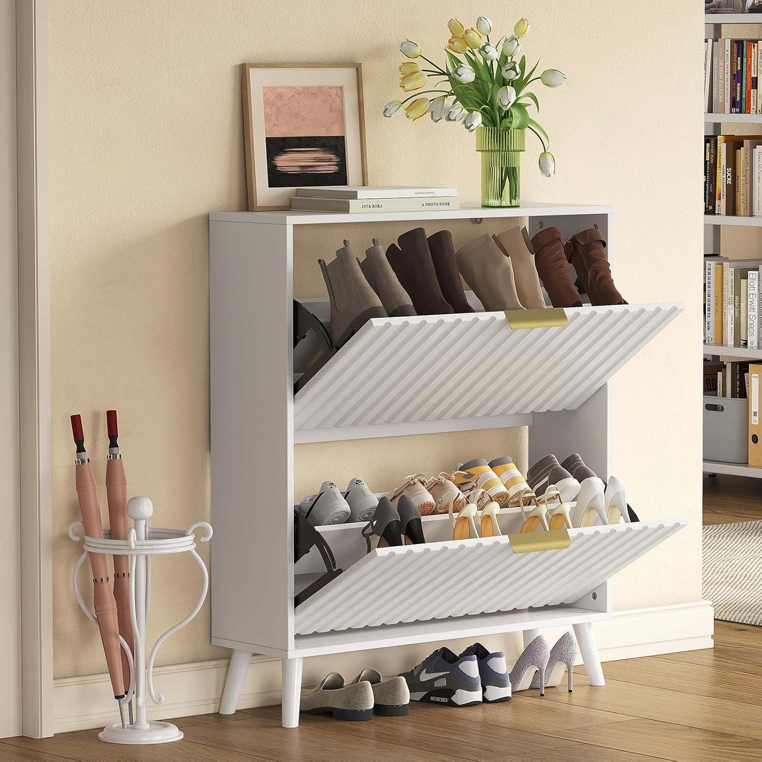 Narrow Shoe Cabinet with 2 Flip Drawers Hidden Shoe Rack with Adjustable Shelf & White Fluted Panel Slim Shoe Storage Organizer for Entryway Hallway