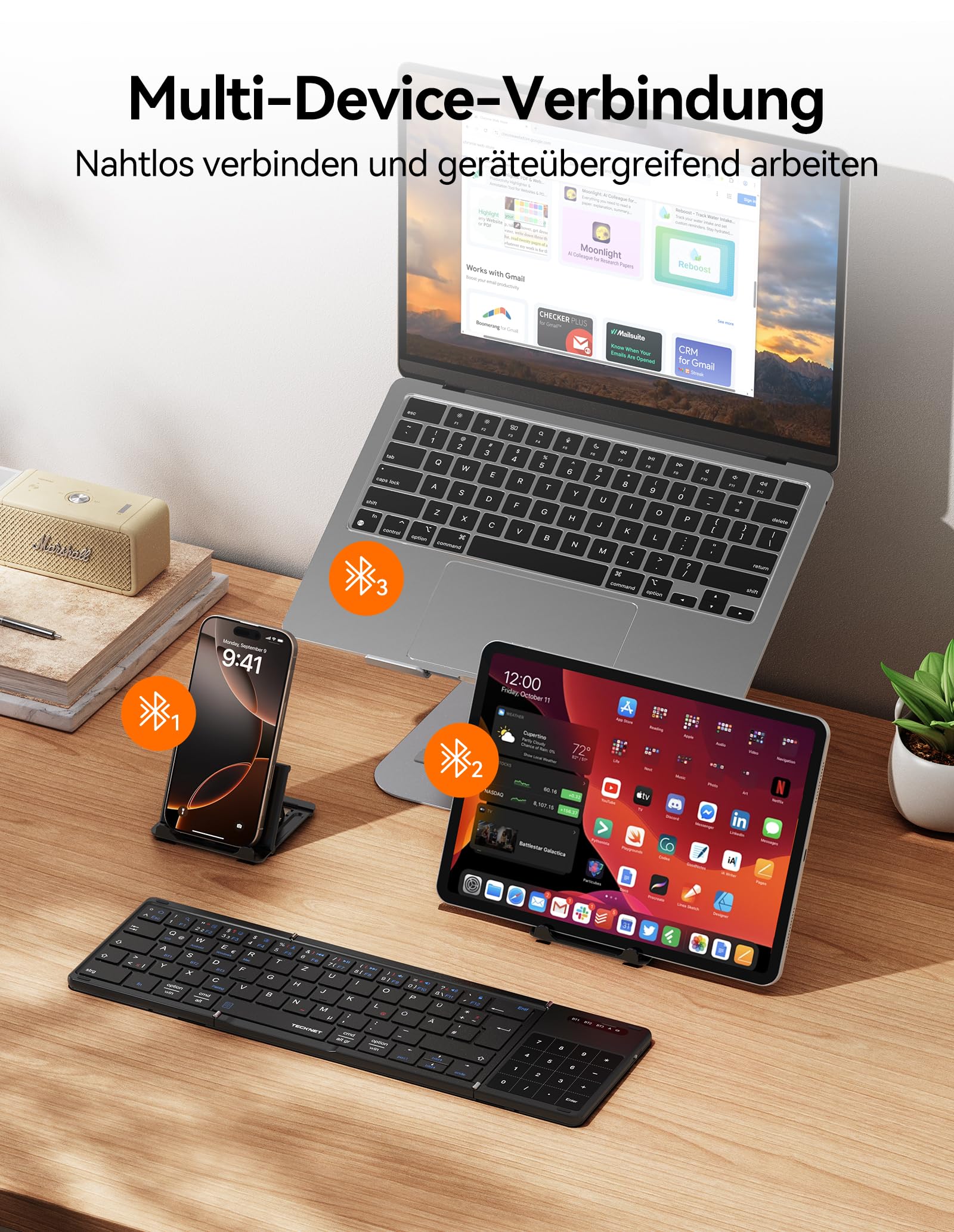 TECKNET Bluetooth Tastatur Faltbare mit Touchpad, QWERTZ Deutsch, Schwarz