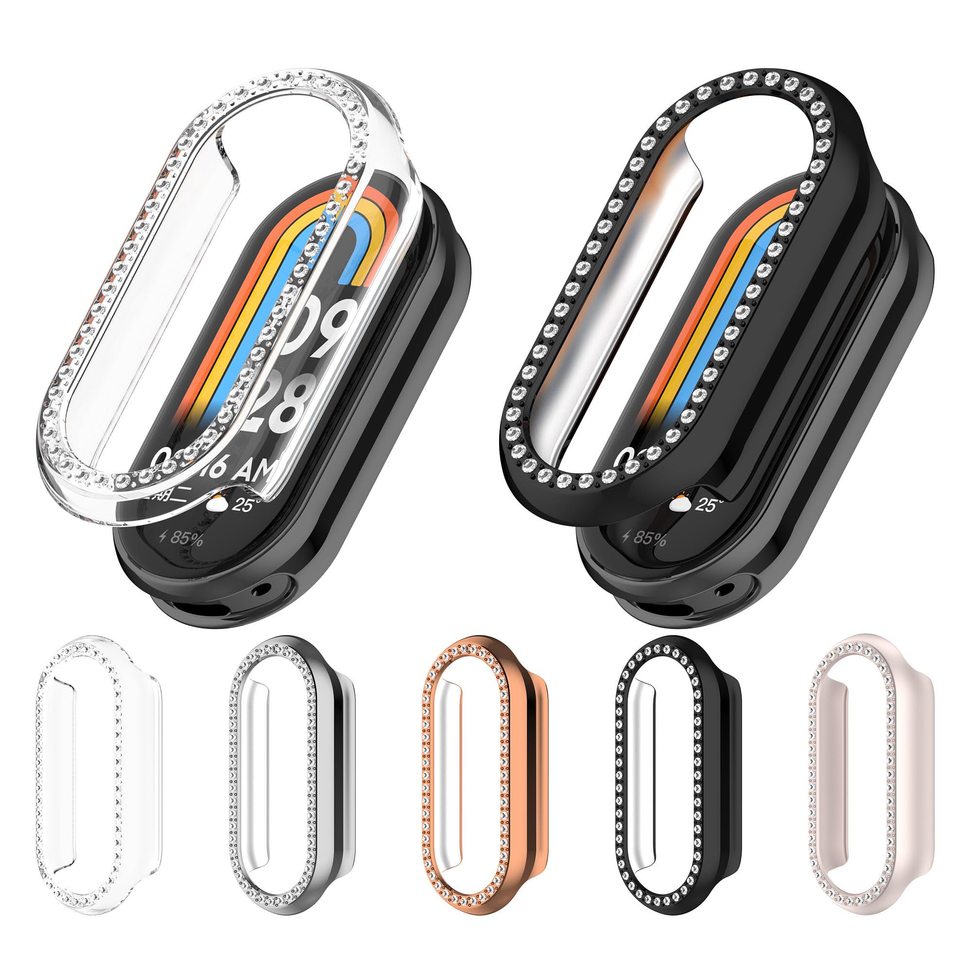 5Pack Watch Case Compatible with Xiaomi Smart Band 8 Protector Case (No Screen Protector) PC Protective Case Bumper Bling Crystal Diamond Frame for Mi Band 8