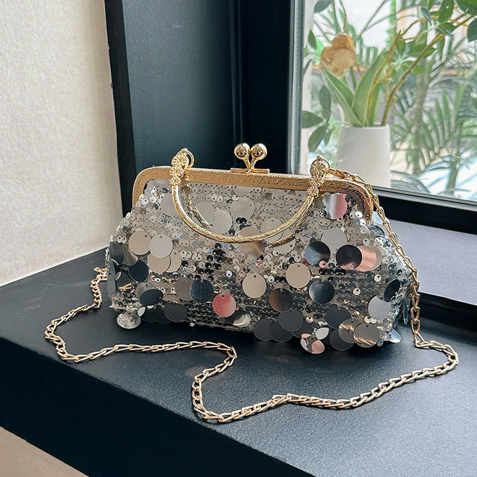 Clutch-Tasche Frauenabendkupplung Hochzeit Gold Pailletten Kupplung Kettenumhängende Umhängetasche Kleine Party -Tasche Tasche-silber-23 cm 6 cm 13 cm
