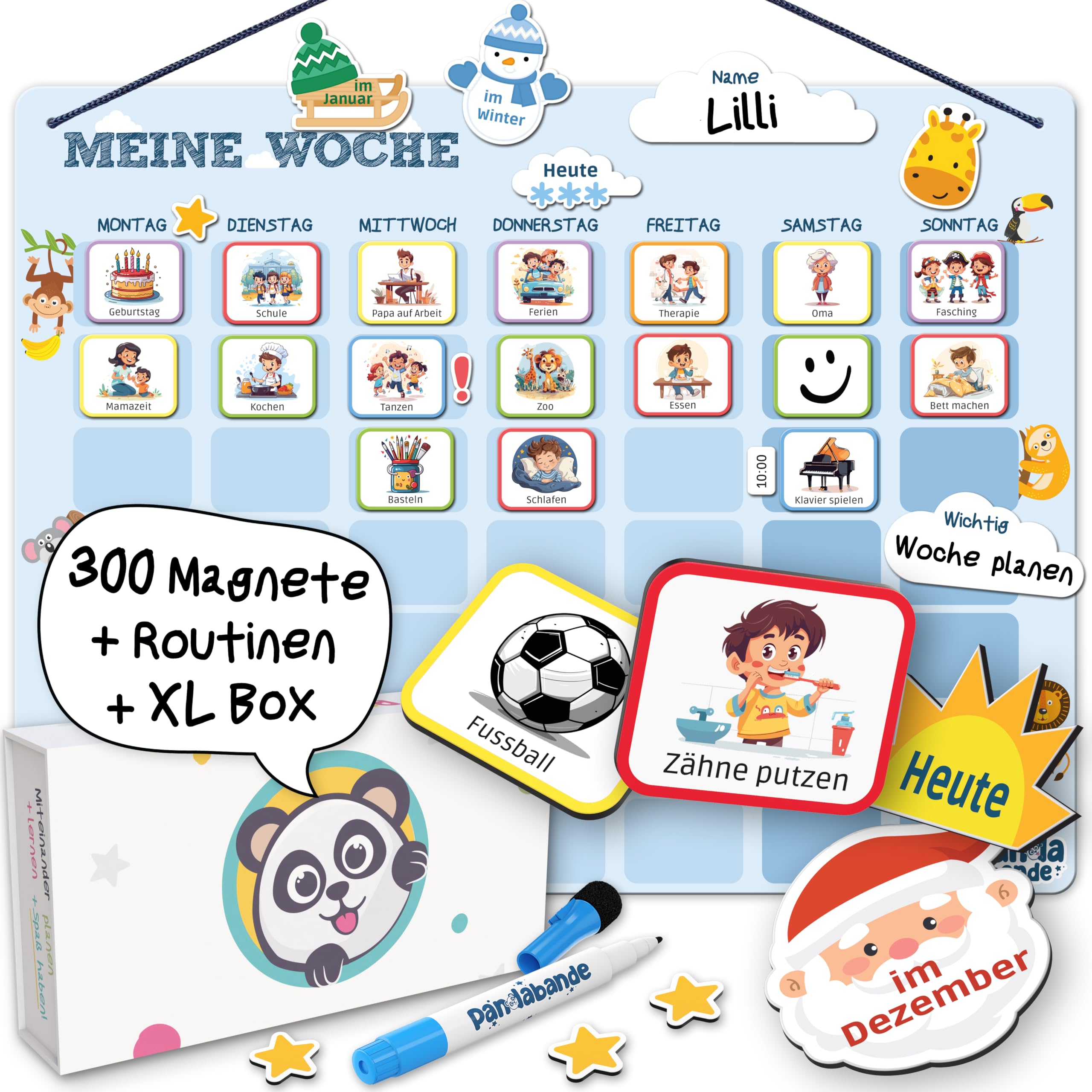 »PANDABANDE« XL Wochenplaner Kinder [300 Magnete, XL Box, Routinen] - Montessori Spielzeug ab 3 Jahre - Ideal zum Wochentage Lernen, Kinderkalender