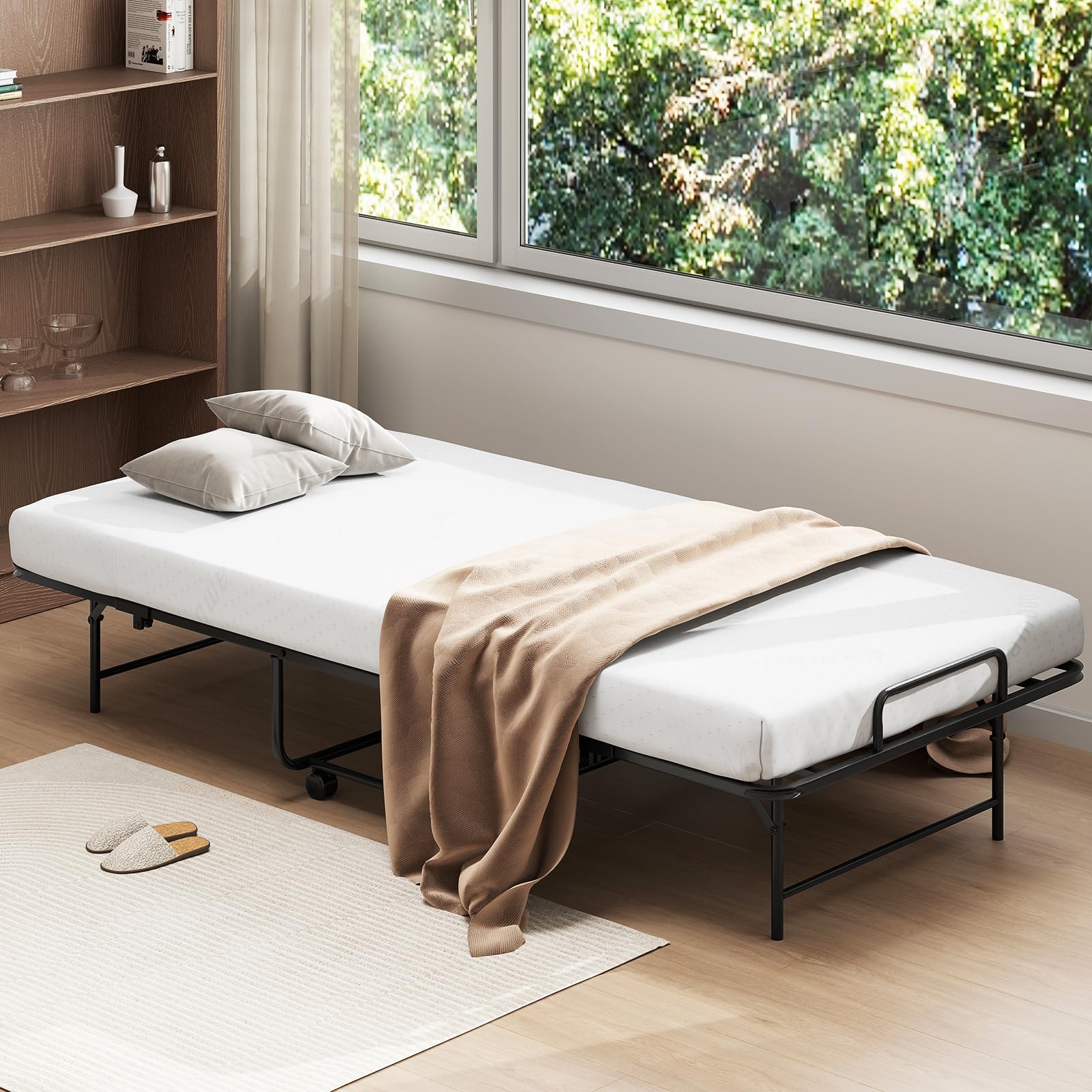 COSTWAY Cama Plegable con Colchón 90X190 cm, Cama Supletoria Plegable con 4 Ruedas, Estructura Metálica, Cama Individual Adultos y Niños Invidados, Carga 220kg