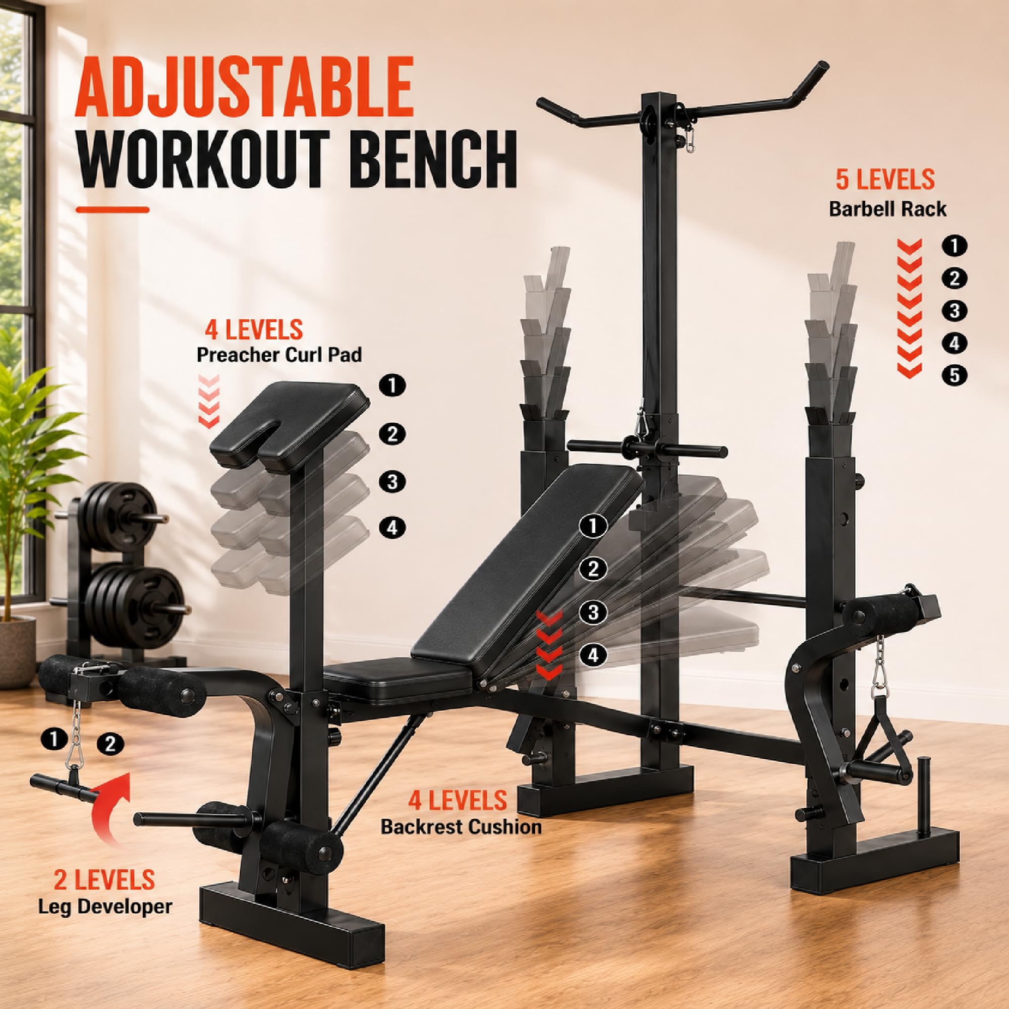 Weight Bench Set with Leg Extension & Preacher Curl Pad, 9-In-1 Adjustable Workout Bench Press with LAT Pulldown, Butterfly Arms & Squat Rack, Multi-Function Strength Training Equipment for Home Gym