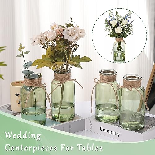 Miniatura 2 de Juego de 6 jarrones de cristal verde para centros de mesa, tarros Mason de estilo bohemio, cilíndricos a granel, para bodas, fiestas, decoración