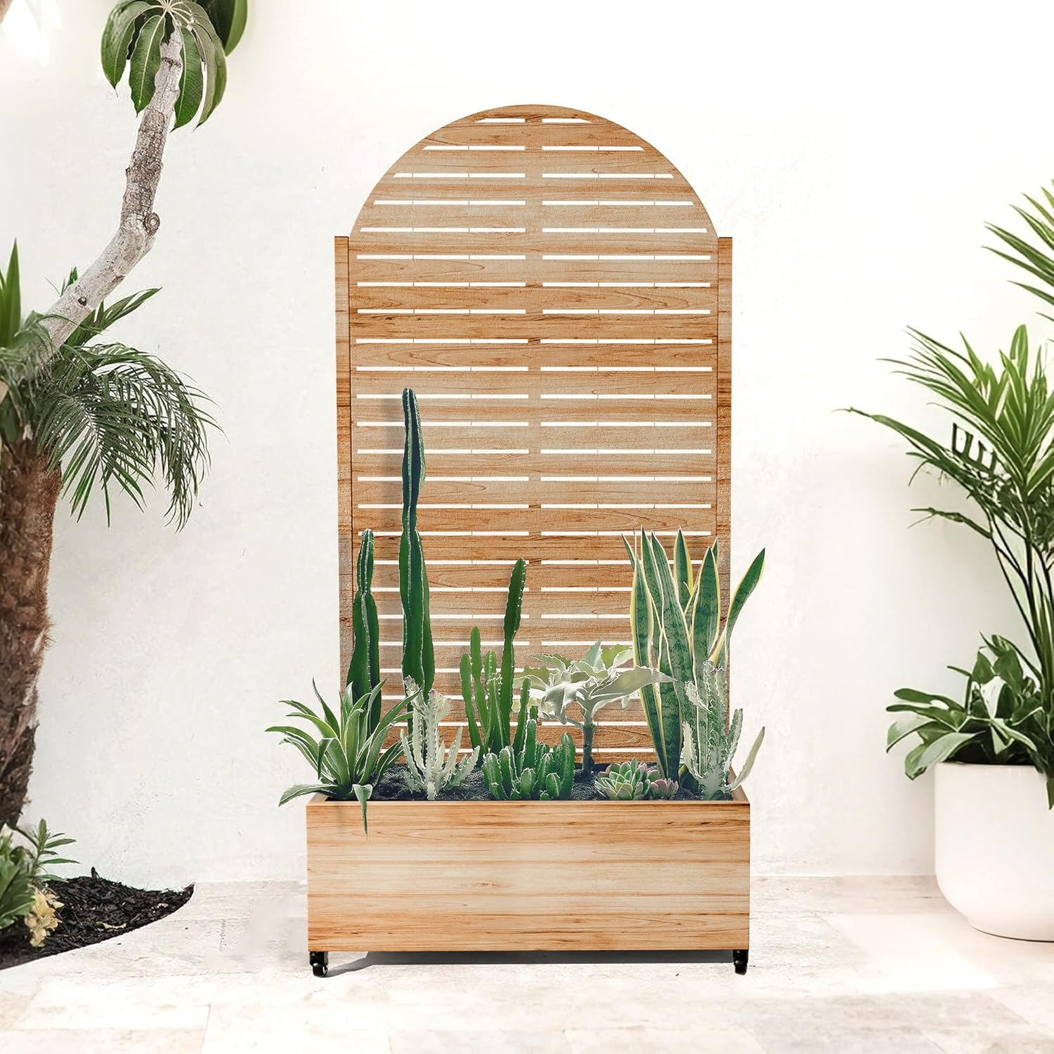 Metal Planter Box with Trellis for Patio, Privacy Planter with Trellis, Standing Planters Boxes with Privacy Screen, Drainage Holes for Climbing Plants (35" L, Arch White Wood Grain)