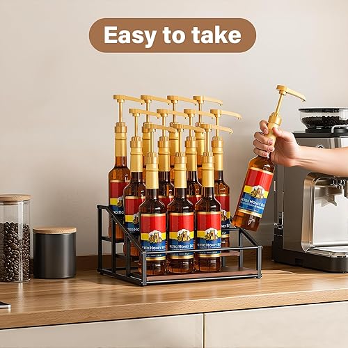 Miniatura 2 de Estante organizador de jarabe de café, estante de exhibición de botellas de licor, 3 niveles para 12 botellas de jarabe, soporte para cafetería,