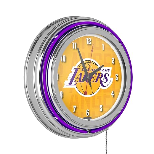 Trademark Global Neon Clock Retro Los Angeles Lakers City Analog Wall Clock with Pull Chain for