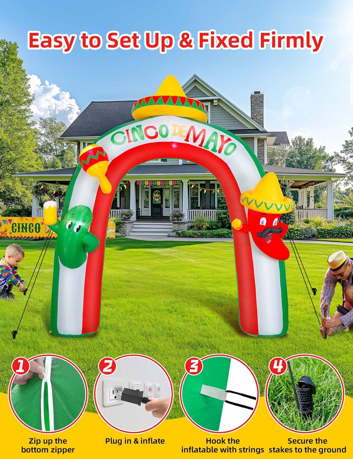 10FT Cinco De Mayo Inflatable Archway Outdoor Decoration, Blow-Up Entryway with Taco Sombrero, Maracas, Cactus & Chili Pepper, 5 LED Lights, Mexican Fiesta Party Yard Décor for Lawn & Garden