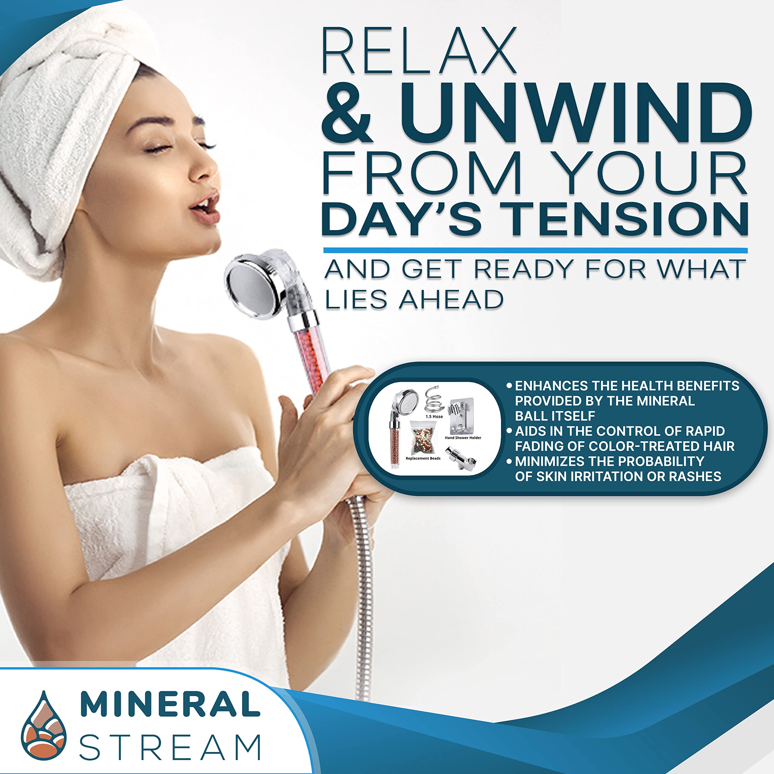 Mineral Stream - Kit completo di soffione ionico con perline di ricambio + tubo + supporto doccia e deviatore a braccio, 3 impostazioni ad alta pressione a risparmio idrico per capelli secchi e pelle