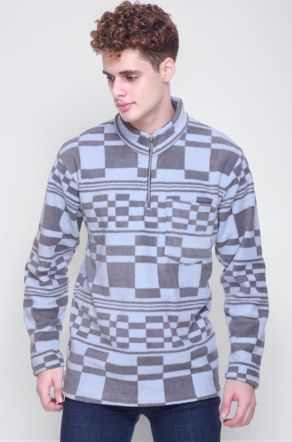 Premium Fleece Pullover for Men | Warm Winter Half Zip Sweatshirt | Soft Checkered Pattern Woolen Sweater | Stylish Casual Winterwear for Outdoor & Daily Use