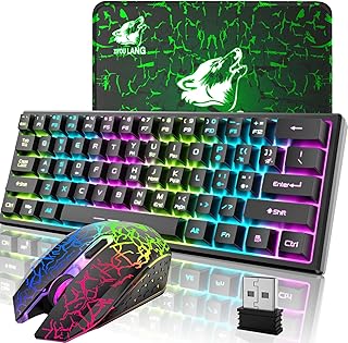 Wireless Gaming Keyboard and Mouse Combo,61 Key Rainbow Backlit Keyboard with Rechargeable 4000mAh,Mechanical Feel,Ergonomic,Quiet,RGB Mute Mice and Mousepad for PS4,Xbox One,Desktop,PC