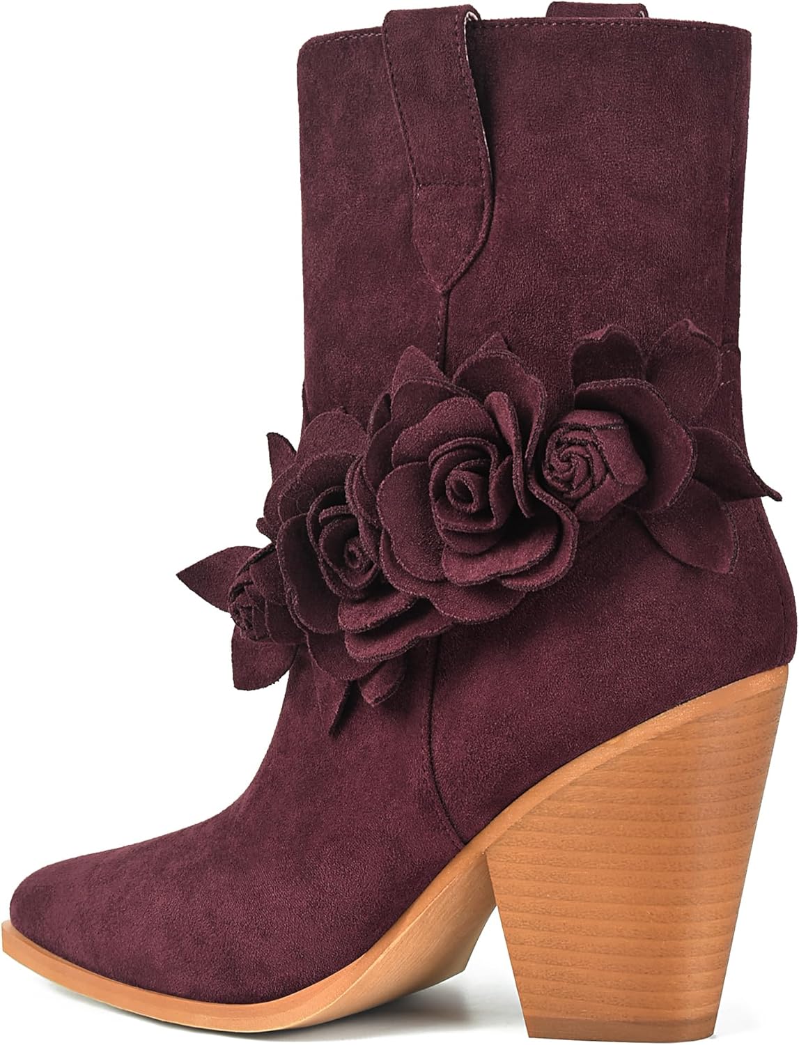 XINIUNIU Women's Flower Ankle Boots Pointed Toe Pull On 3.5 Inch Chunky Block Heel Suede Fashion Dress Comfortable Casual Booties
