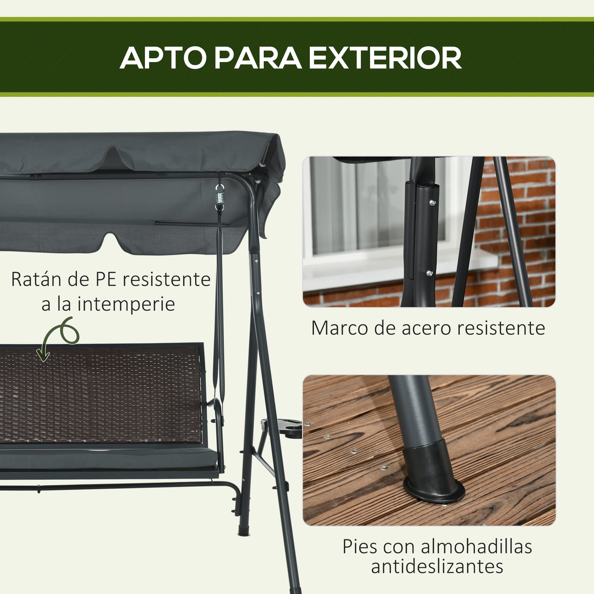 Outsunny Columpio de Jardín de 3 Plazas Banco Balancín para Exterior con Toldo Ajustable Asiento de Ratán 2 Portavasos 2 Bandejas y Marco de Acero Carga 320 kg para Terraza Patio 204x112x150 cm Gris