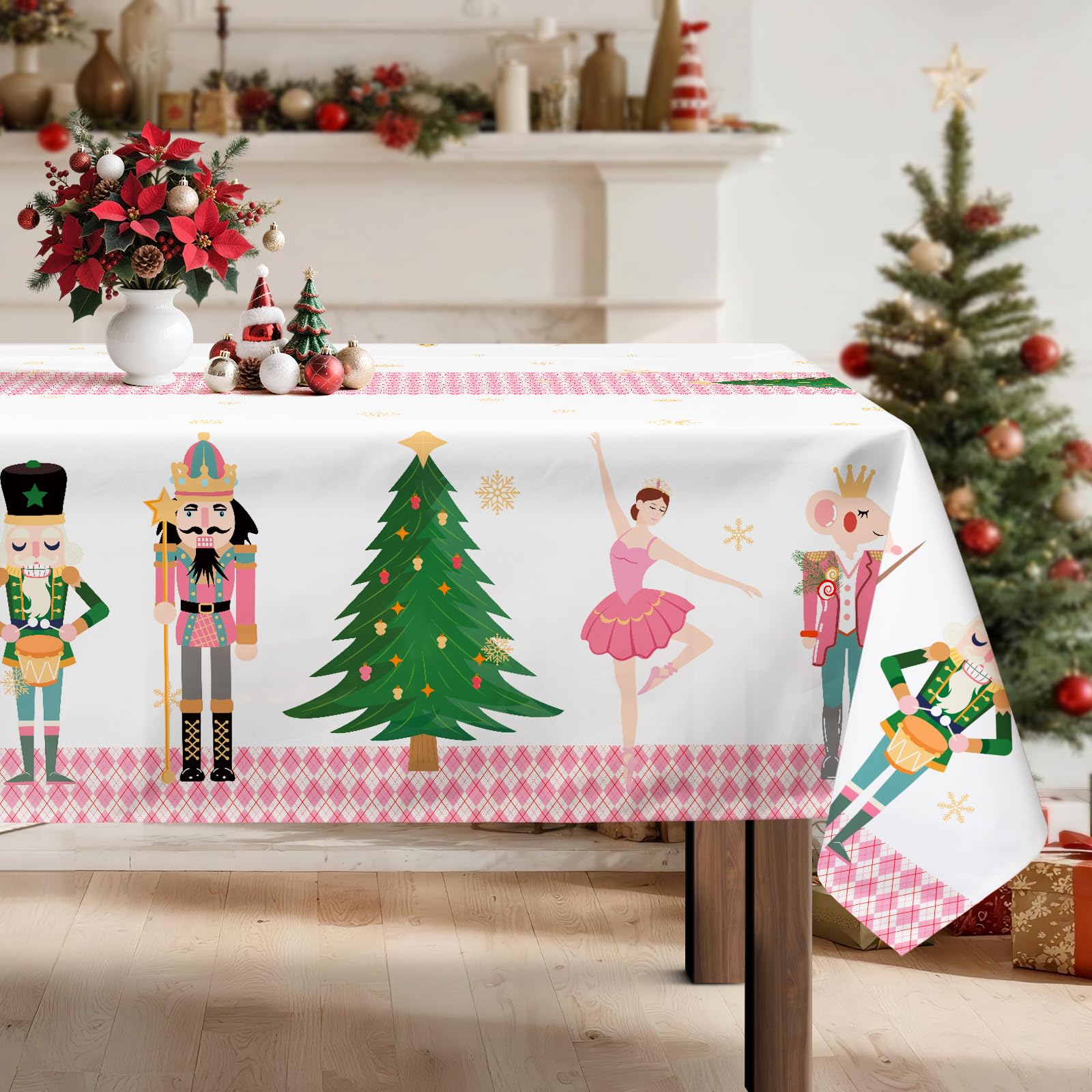 Tovaglia Natale Schiaccianoci Rosa Impermeabile, Tovaglie Rettangolare di Natale Resistente, Copritavolo Lavabile per Cucina Domestica Decorazione per Feste Autunno Inverno(152x304 Cm)
