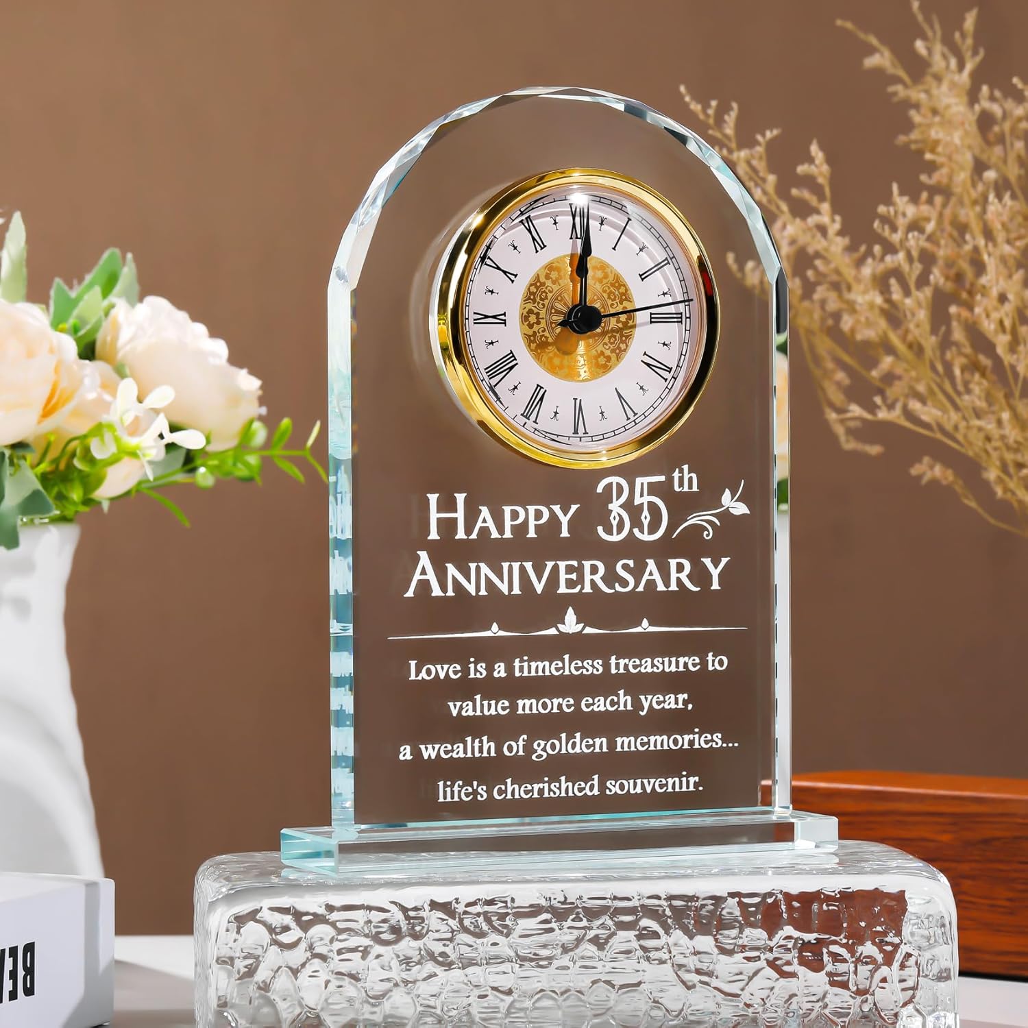 YWHL 35th Wedding Anniversary Clock Gifts for Parents, 35 Years Anniversary Glass Quartz Clock Gifts for Couple Wife Husband, Table Clock Gifts for 35th Anniversary Decoration (Battery not Included)