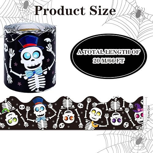 Miniatura 2 de Whaline Tablero de anuncios de Halloween de 66 pies con borde de calavera y esqueleto de dibujos animados, calcomanías autoadhesivas para el hogar,