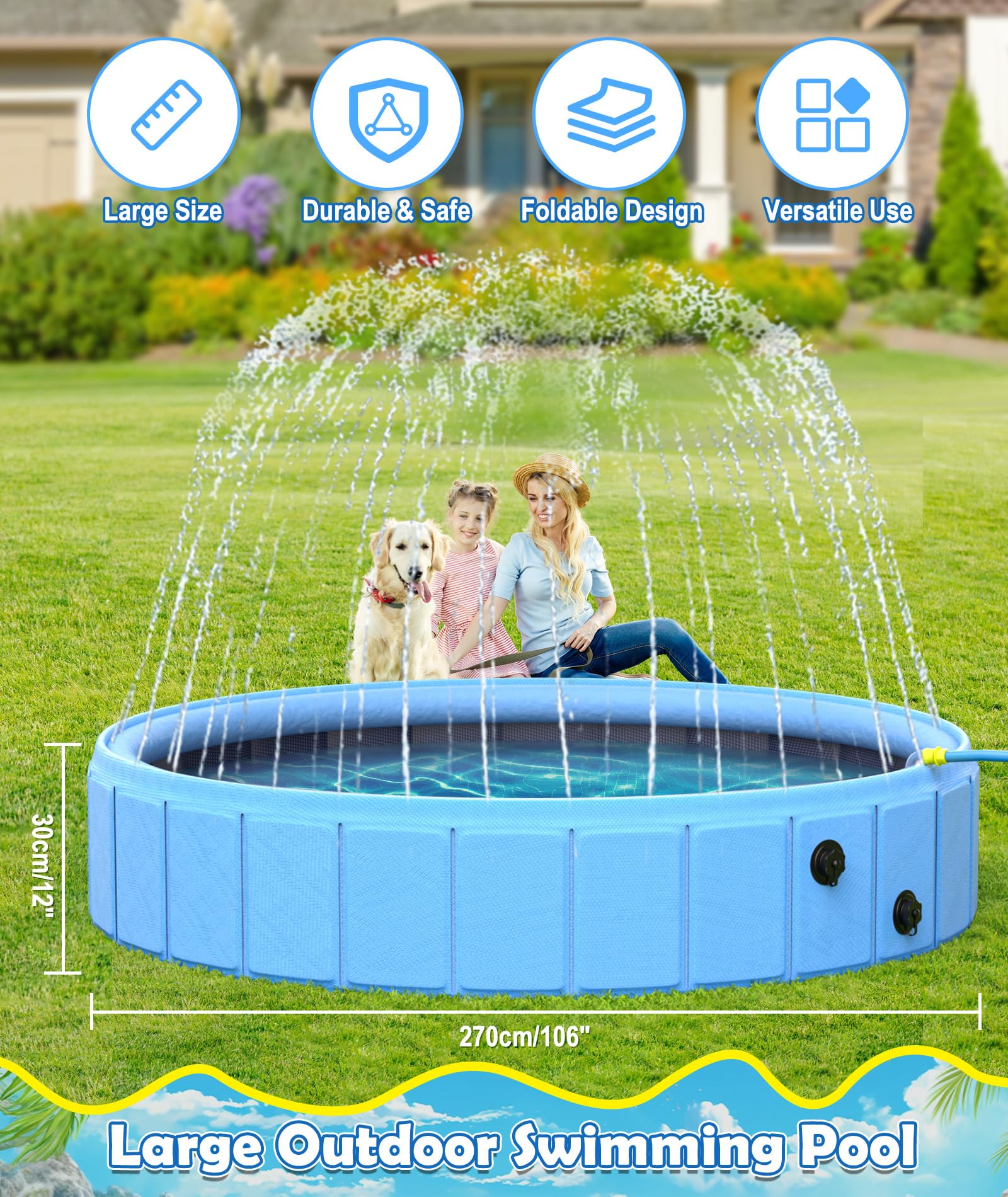EPN Large Foldable Dog Pool – 0.55MM PVC 2-in-1 Portable Bathtub & Sprinkler for Dogs, Cats, Kids – Heavy Duty, Non-Slip, Summer Water Toy (106 in) - image 3