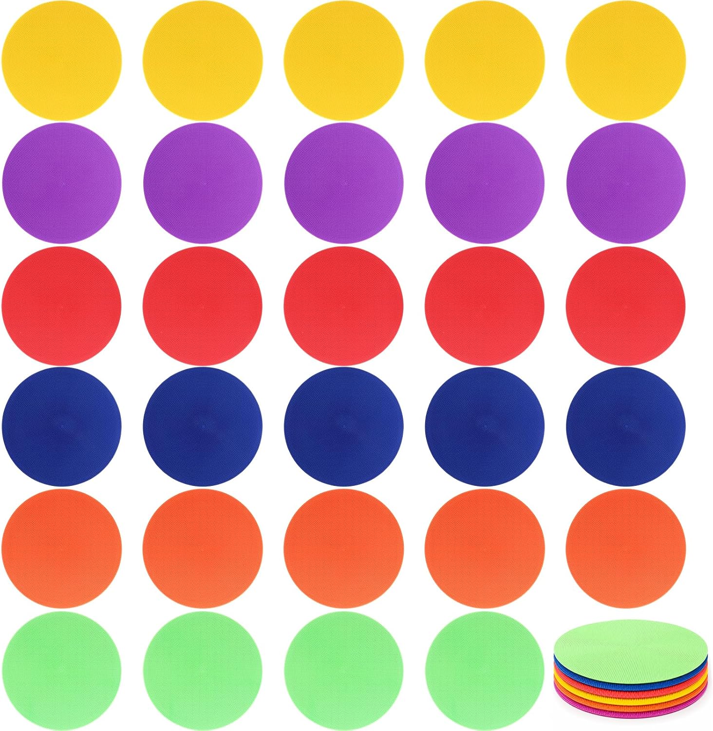30 Pcs Poly Spot Markers, 9 Inch Round Non Slip Rubber Floor Agility Dots,6 Colors Flat Cones for Soccer, Basketball, PE Training, Dance & Classroom Activities