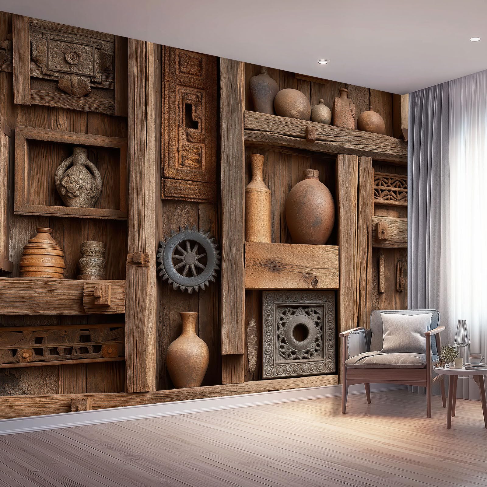 Drewniana ściana ceramiczna regał koło zębate wzór dekoracja tapeta z