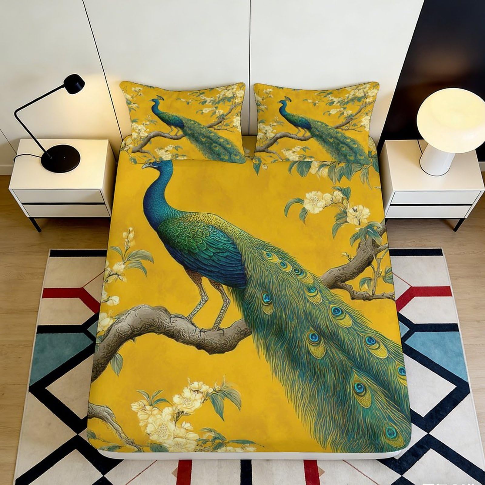 3D Printed Peacock Tree Fitted Sheet Microfiber Yellow Artistic Bed Cover for Bedroom Guest Room Decor 90x200x25cm