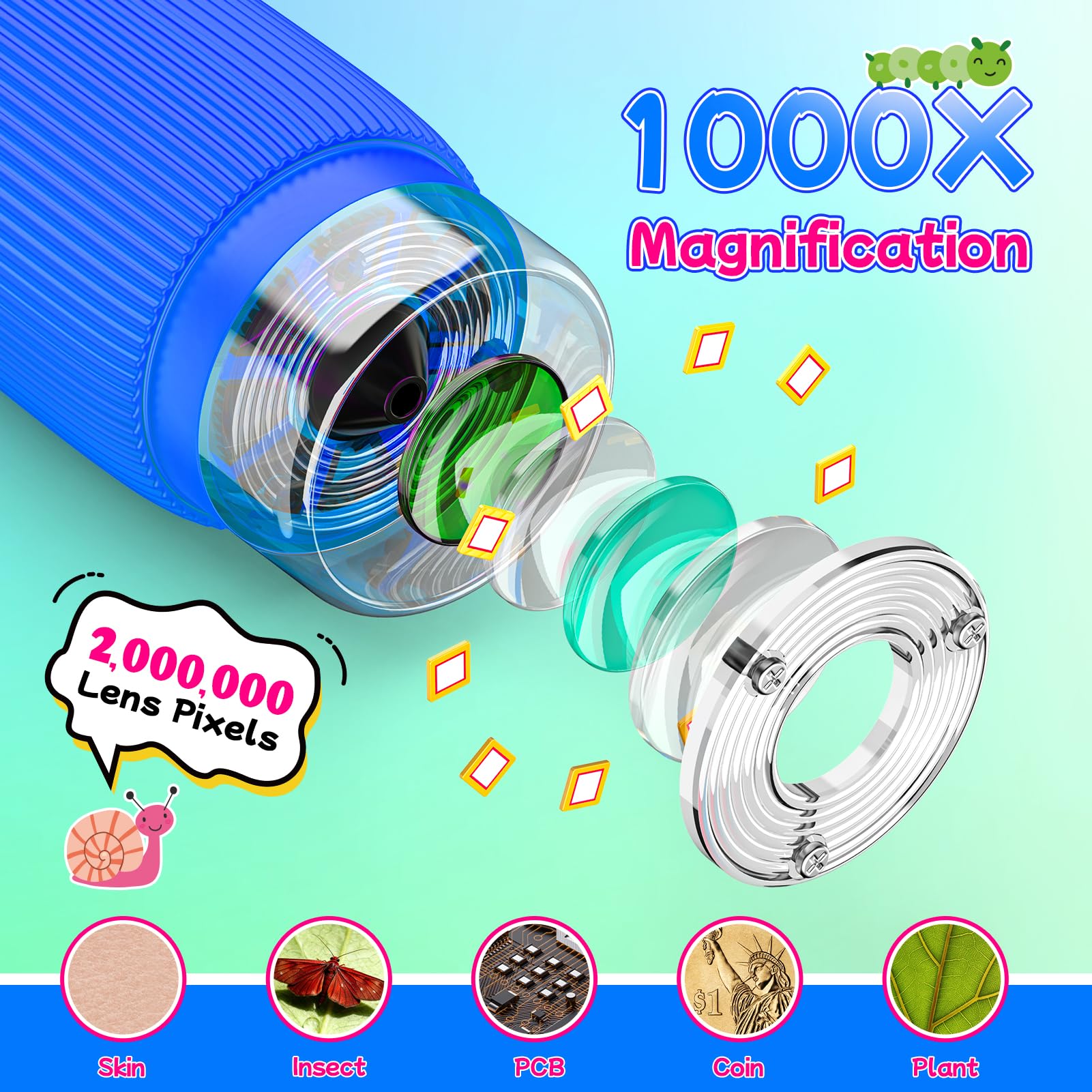 Microscopio per Bambini, Microscopio Digitale Portatile per Bambini, Schermo IPS da 2,0 Pollici, Ricaricabile USB, 8 luci LED, 1000x, Giochi Regalo Bambino 3-12 Anni Maschio - Blu