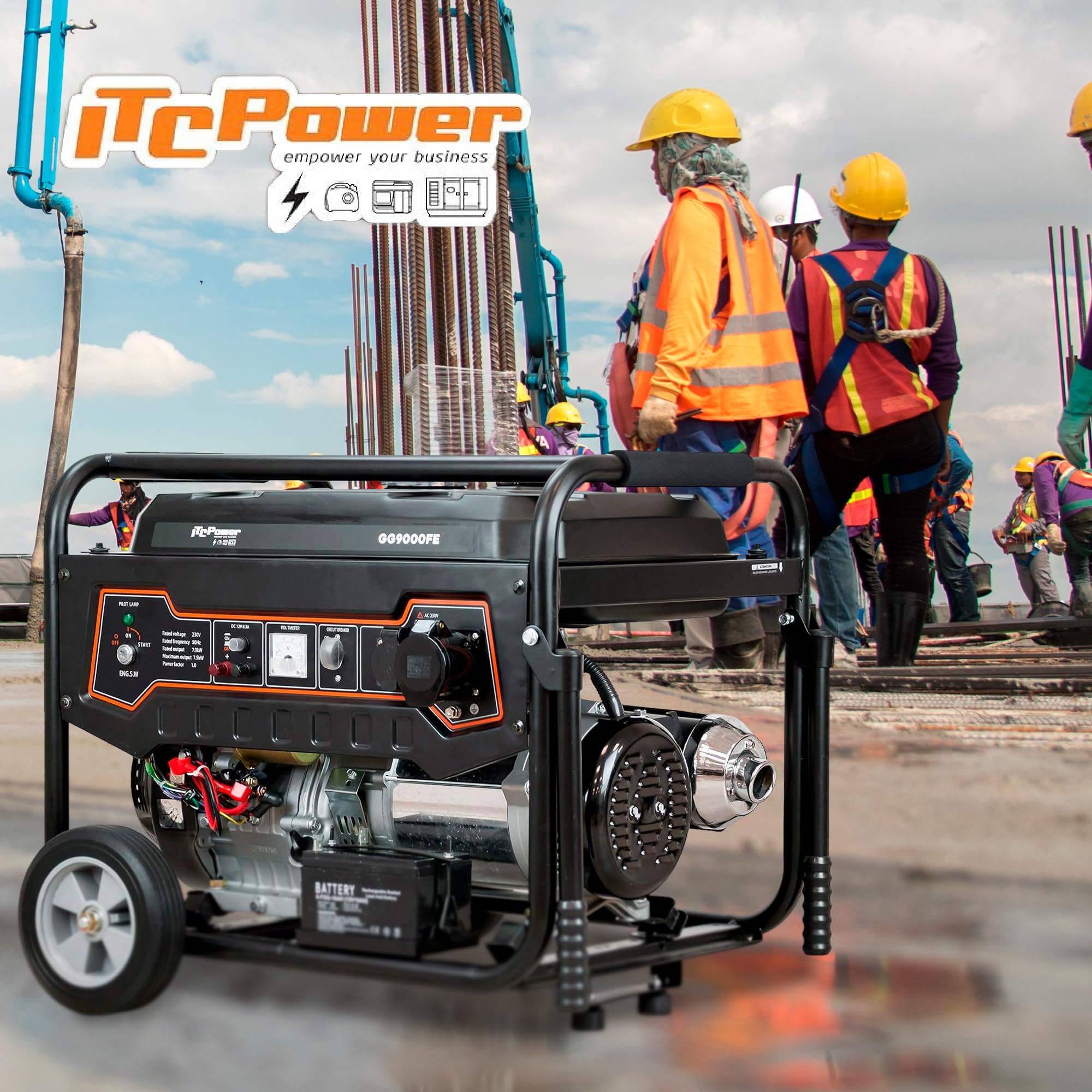 ITCPower Generador Gasolina 7500W con Autonomía 18h - Generador Eléctrico Profesional con Arranque Eléctrico - Estabilidad de Voltaje con Sistema AVR - Generador Silencioso con Kit de Ruedas