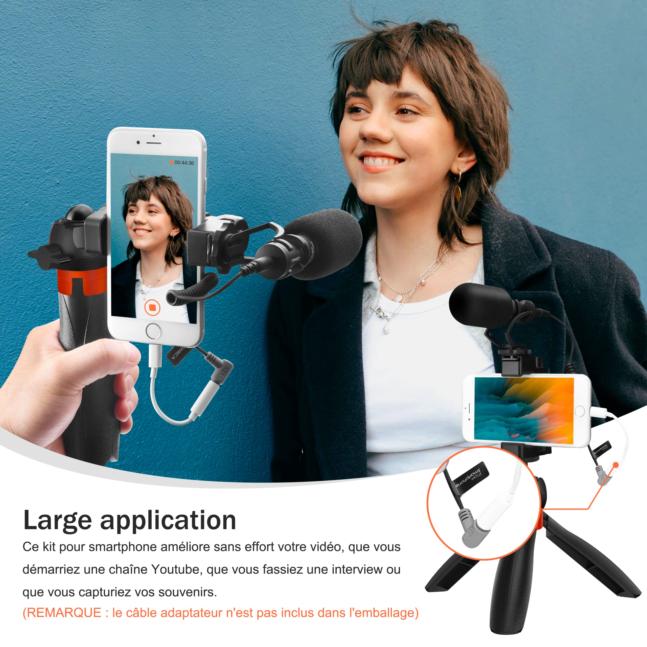 COMICA CVM-VM10-K2 Pro Kit Vidéo pour Smartphone, Vlogging Kit avec Microphone Cardioïde, Équipement avec Mini Trépied pour Youtube/TikTok/Android