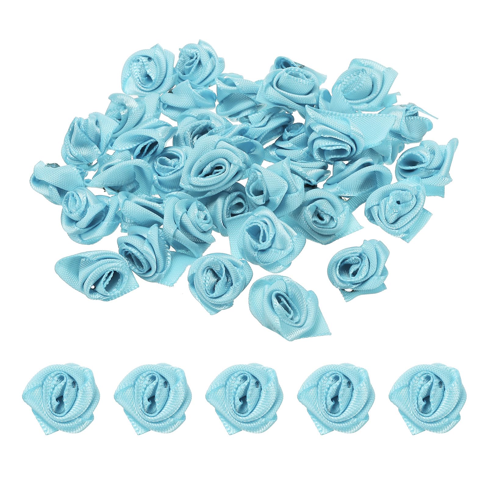 PATIKIL 0.6" Mini Satin Ribbon Roses, 30 Pcs Tiny Fabric Flowers Embellishments Rosettes Applique for DIY Crafts and Wedding Light Blue