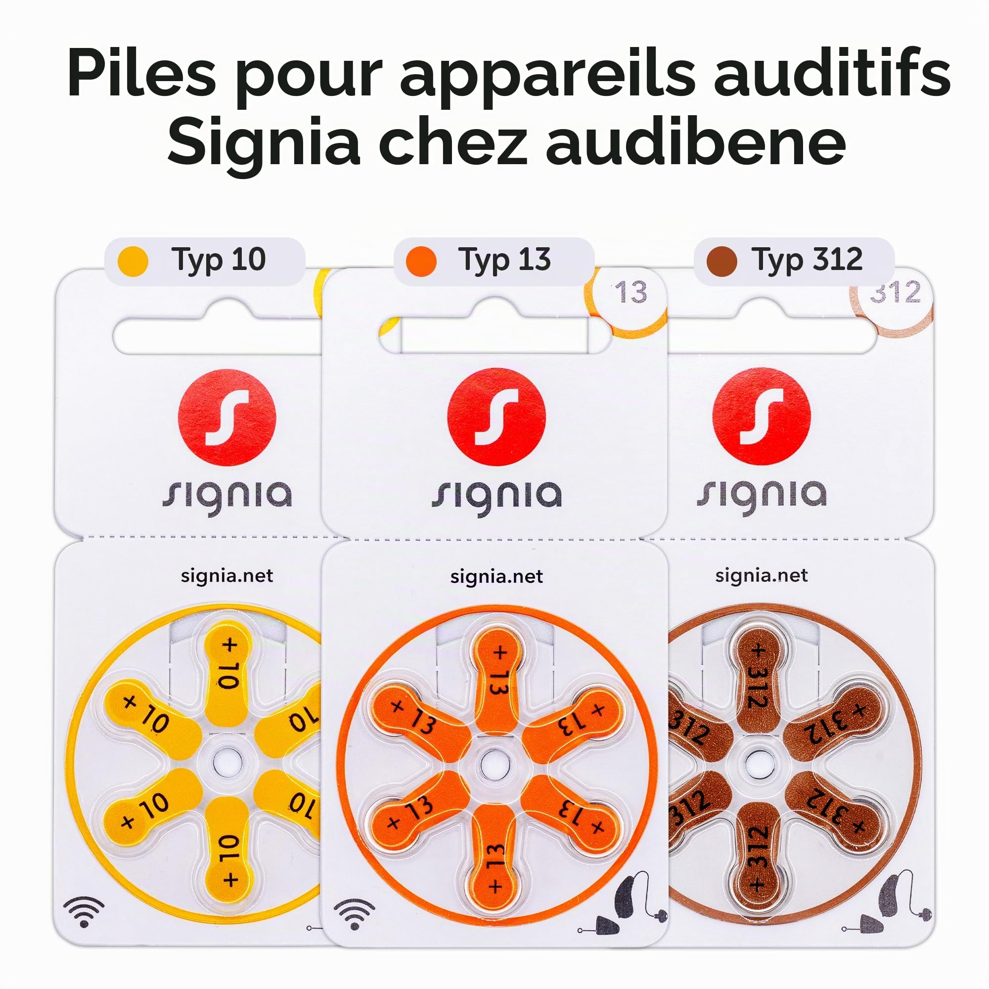 Signia Lot de 60 piles pour appareils auditifs - Taille 312 - Marron - 10 x 6 piles - Chiffon de nettoyage inclus