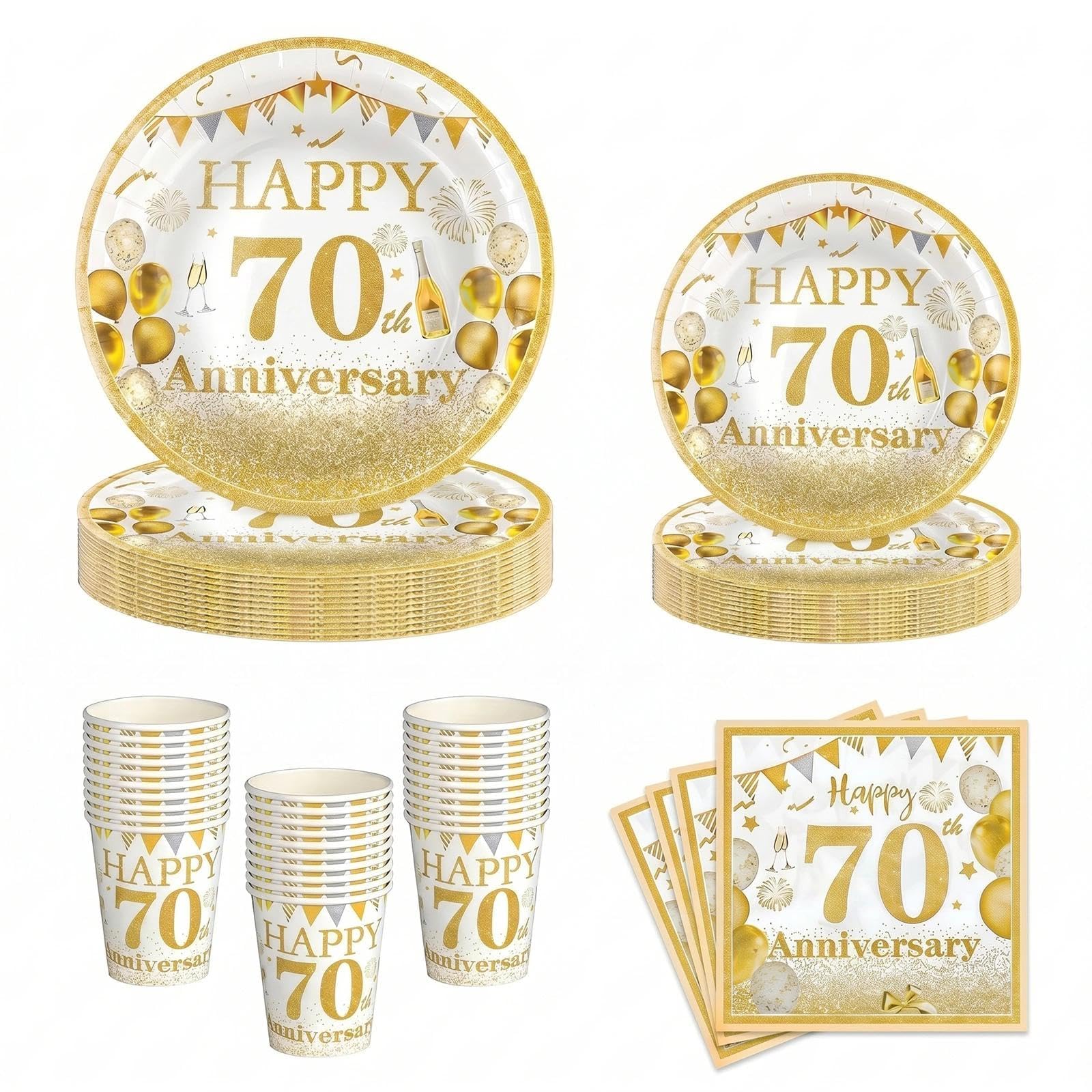 100Pcs 70th Wedding Anniversary Paper Plates Cups and Napkins, Gold White 70th Anniversary Decorations, Disposable Party Tableware Set Serves 25 Guests for Milestone Celebration Supplies