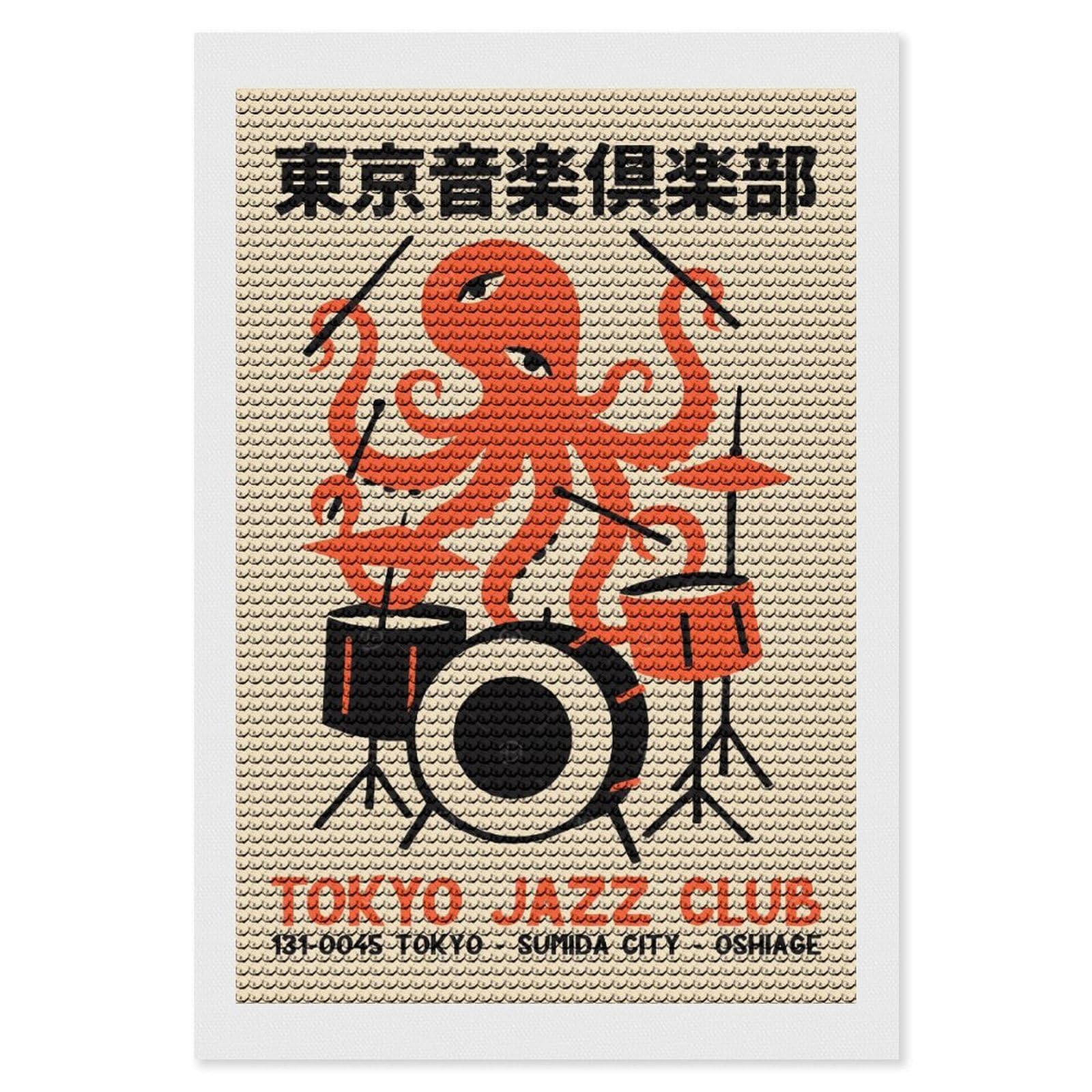 Junmoney Tokyo Jazz Club Octopus Drummer Full Drill Diamond Painting Kit 8"x12", for Teens, Adhesive Canvas, Bedroom Decor, Holiday Gift Idea