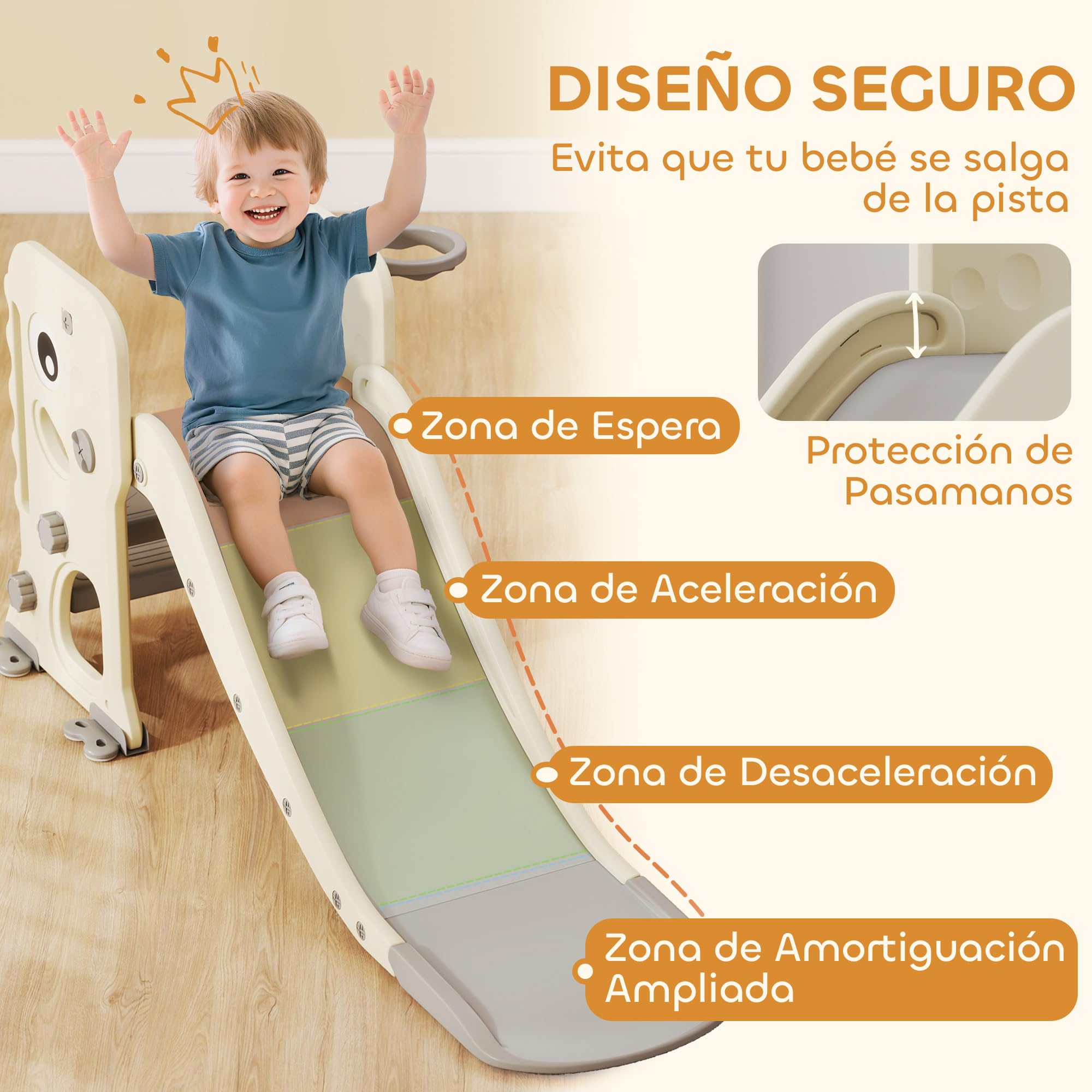 AIYAPLAY Tobogán Infantil 3 en 1 Tobogán para Niños de 2 a 5 Años Plegable con Escalera Canasta de Baloncesto Diseño de Dinosaurio y Hebillas Reforzadas para Interior 146x52x65 cm Blanco Crema