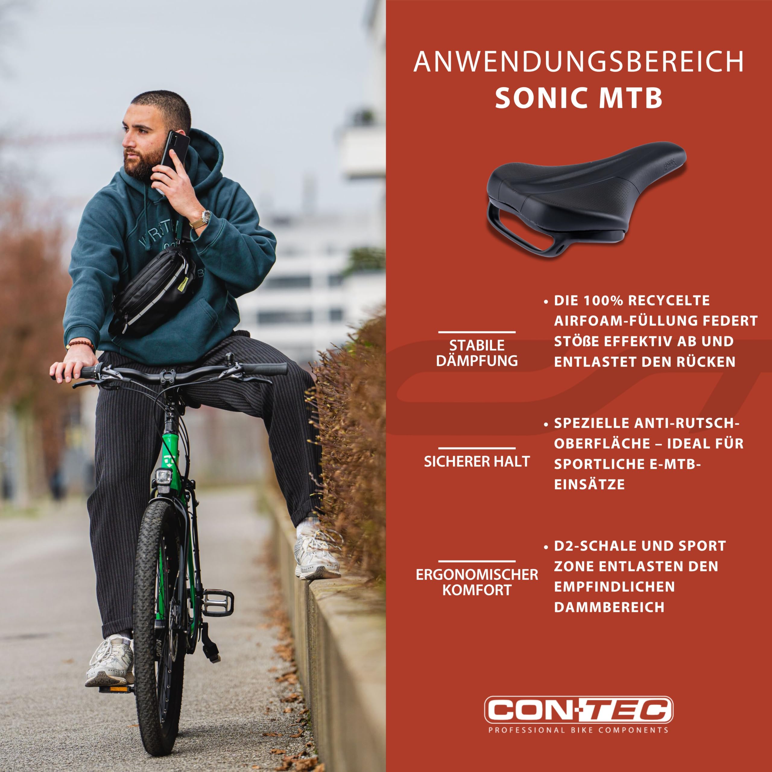 CONTEC Fahrradsattel Sonic MTB, 254x162 mm, aus Nylonfaser und PVC, Stoßdämpfend, Mountainbike Sattel, Skala und Tragegriff, Ergonomischer Fahrrad Sattel für Herren & Damen, schwarz Sport & Freizeit