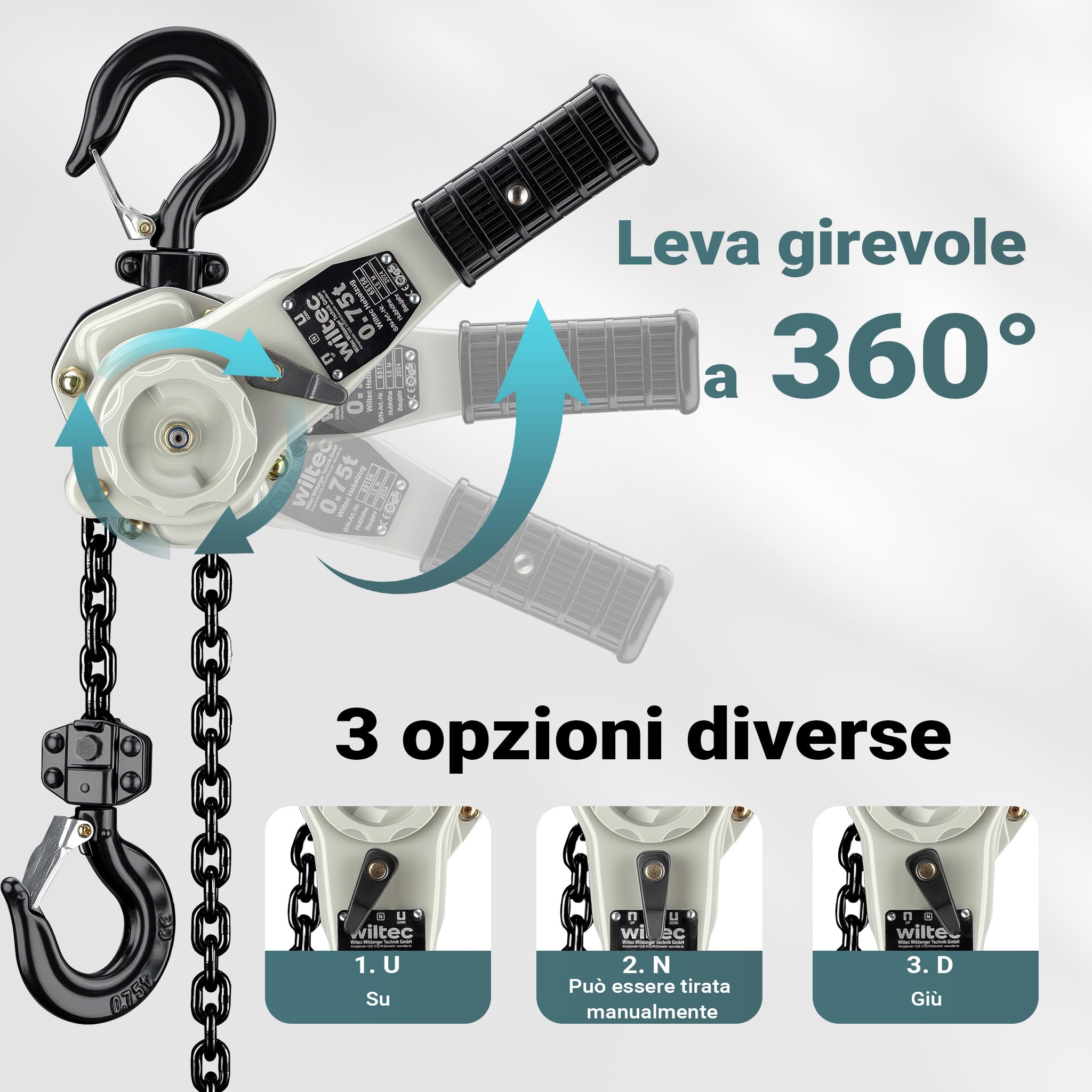 Wiltec Paranco a leva 0,75 t x 1,5 m, paranco a catena compatto con impugnatura girevole a 360°, per lavori di sollevamento in spazi ristretti