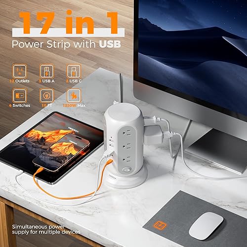 Miniatura 6 de TESSAN Regleta de alimentación de torre con interruptores individuales, protector de sobretensiones con 12 tomas, 5 puertos USB (2 USB C), cable de